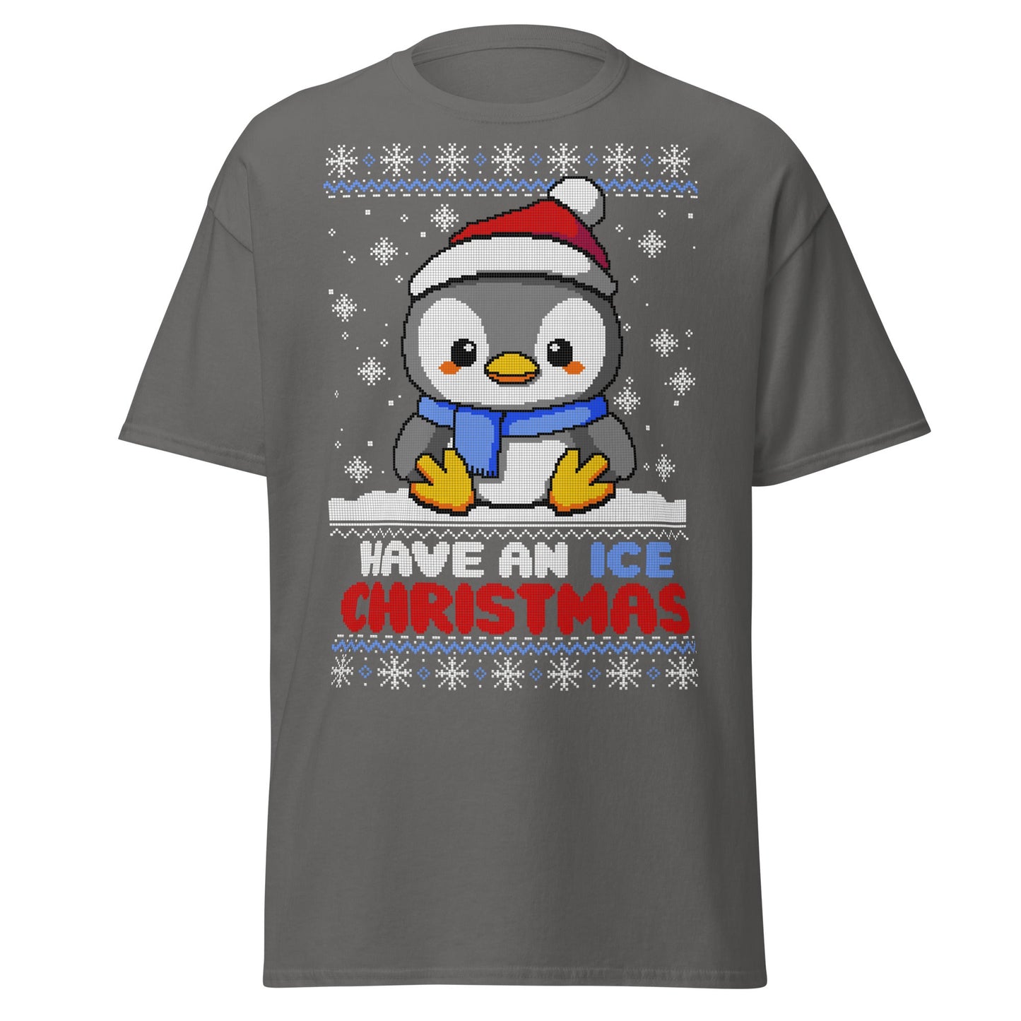 Christmas Penguin Ugly T-Shirt - Pixel Art Holiday Tee - Charcoal - T-Shirts Online