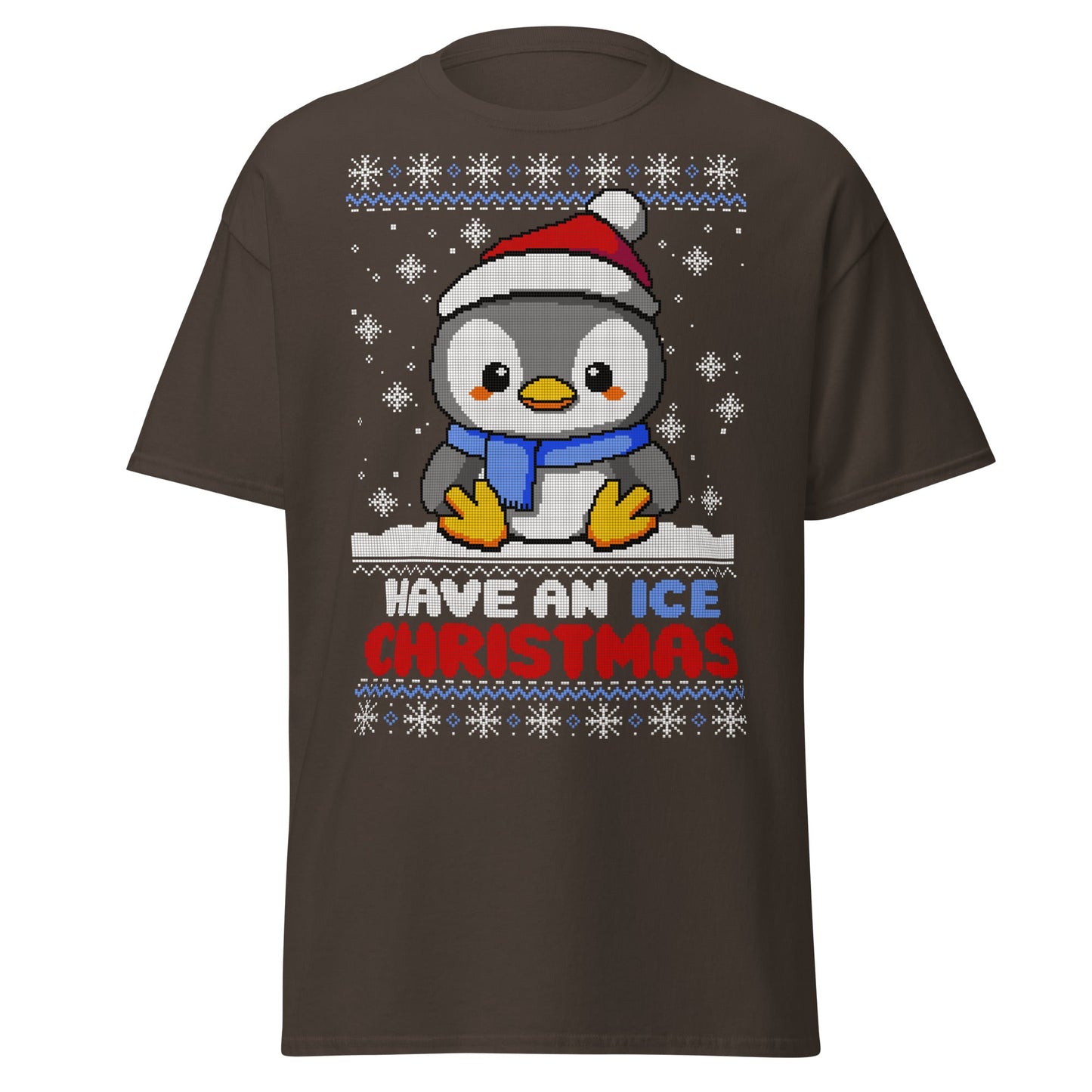 Christmas Penguin Ugly T-Shirt - Pixel Art Holiday Tee - Dark Chocolate - T-Shirts Online