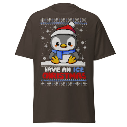 Christmas Penguin Ugly T-Shirt - Pixel Art Holiday Tee - Dark Chocolate - T-Shirts Online