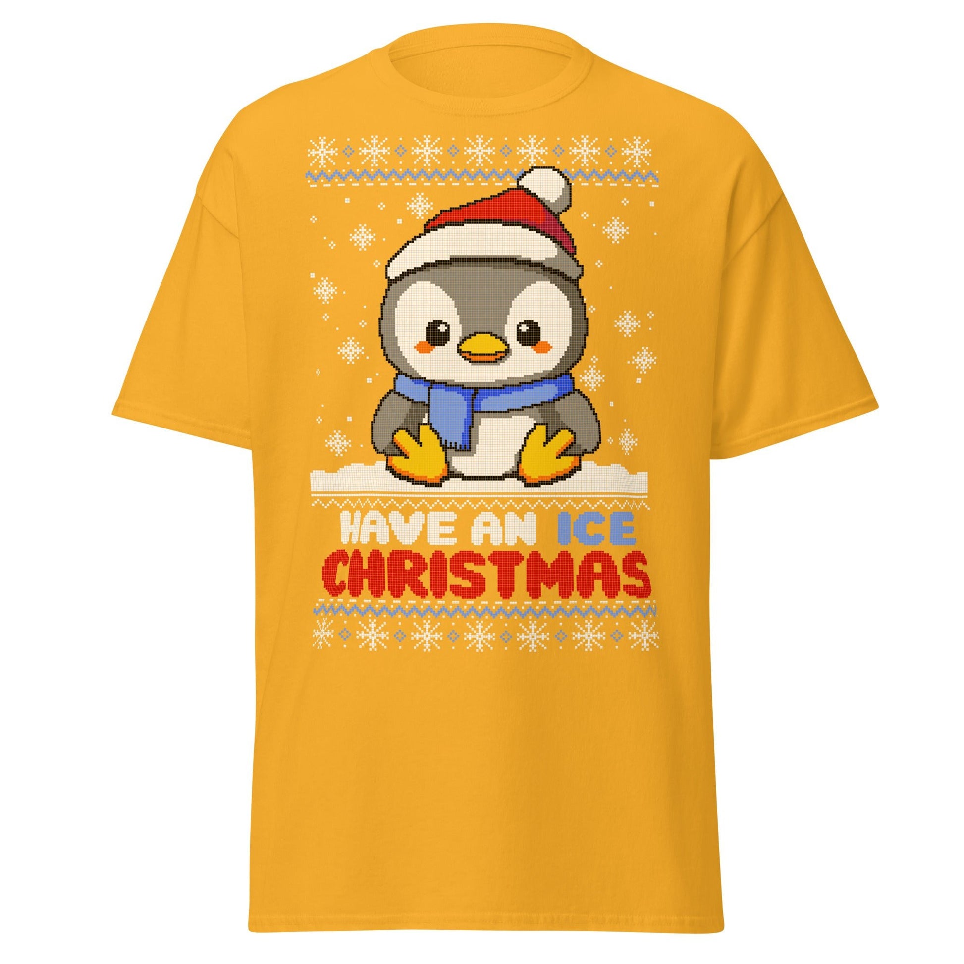 Christmas Penguin Ugly T-Shirt - Pixel Art Holiday Tee - Gold - T-Shirts Online