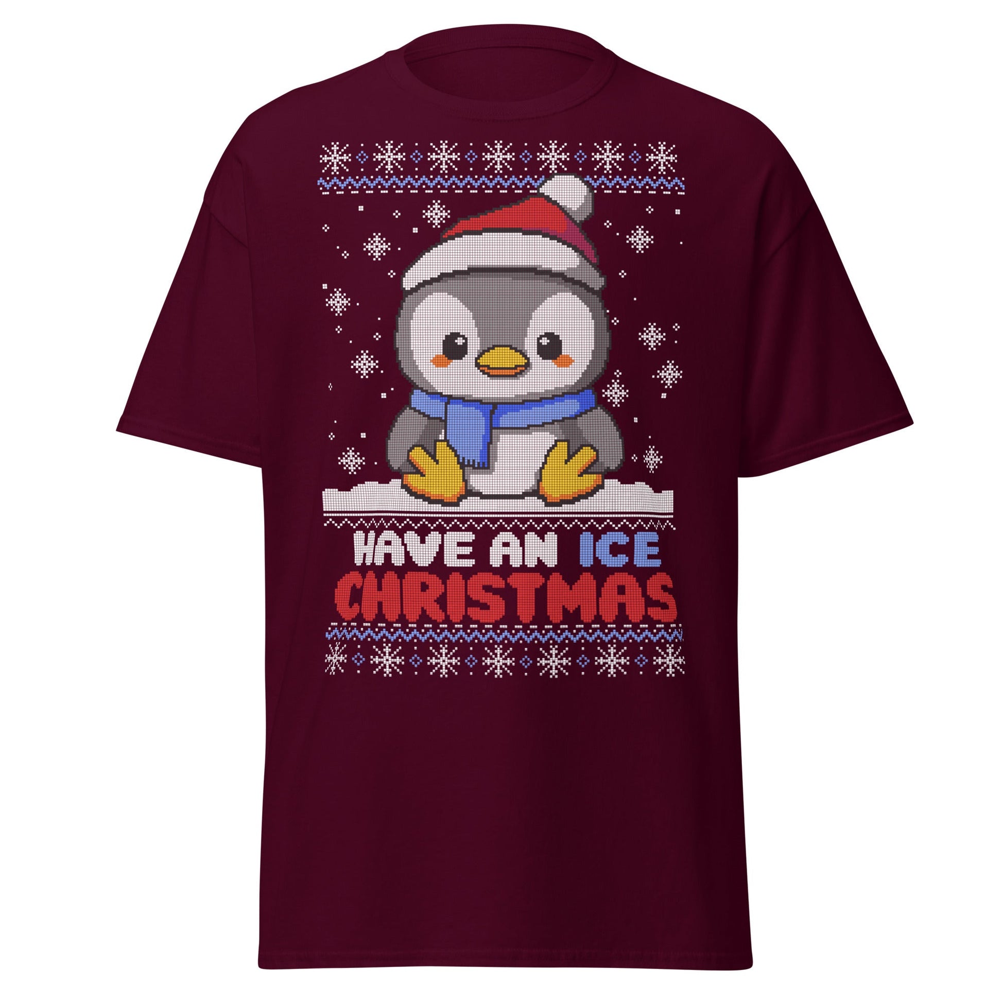 Christmas Penguin Ugly T-Shirt - Pixel Art Holiday Tee - Maroon - T-Shirts Online