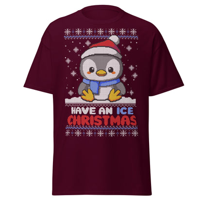 Christmas Penguin Ugly T-Shirt - Pixel Art Holiday Tee - Maroon - T-Shirts Online