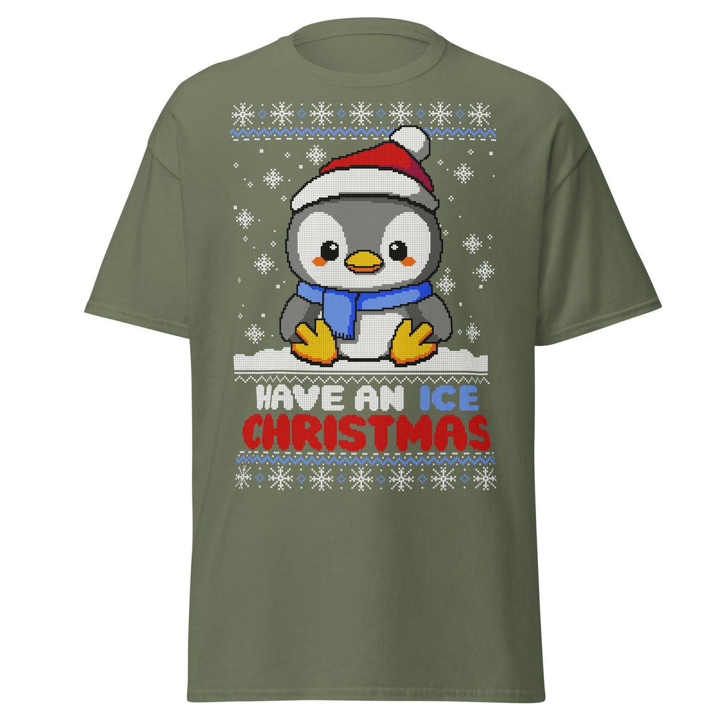 Christmas Penguin Ugly T-Shirt - Pixel Art Holiday Tee - Military Green - T-Shirts Online