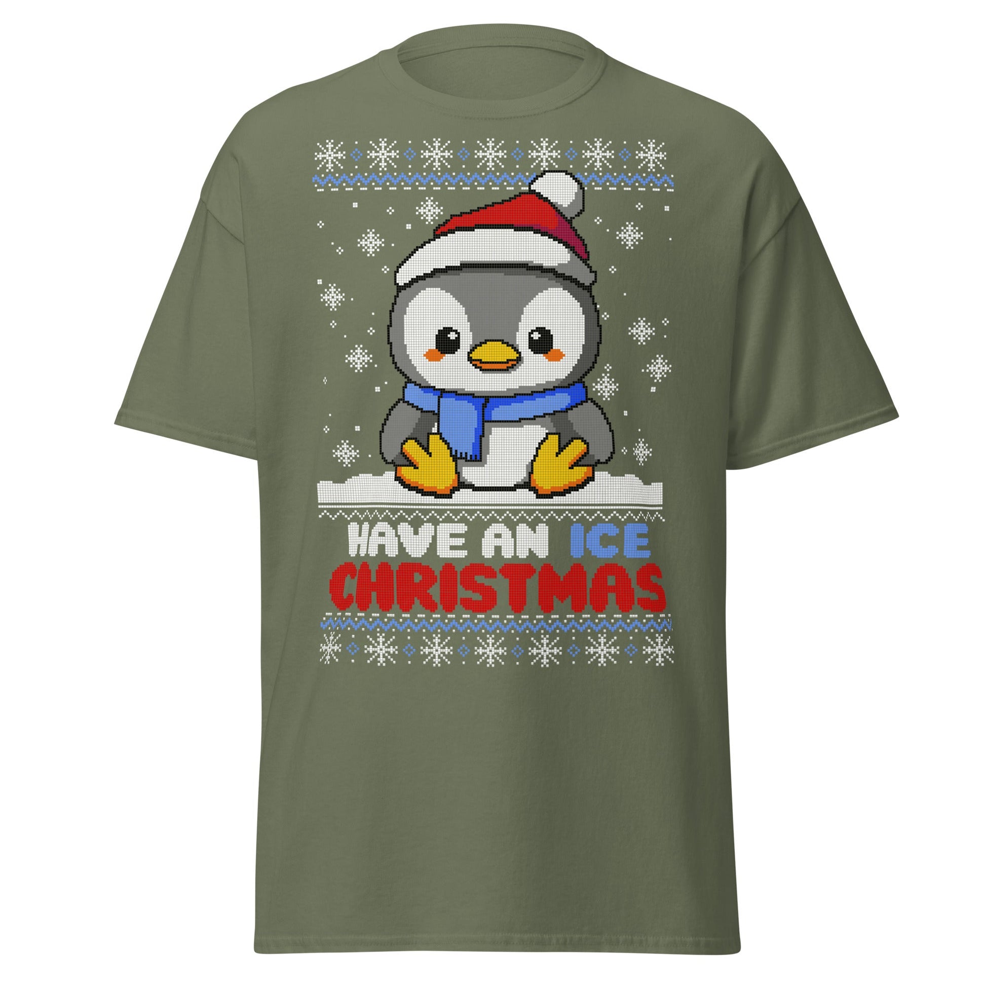 Christmas Penguin Ugly T-Shirt - Pixel Art Holiday Tee - Military Green - T-Shirts Online