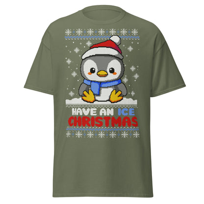 Christmas Penguin Ugly T-Shirt - Pixel Art Holiday Tee - Military Green - T-Shirts Online