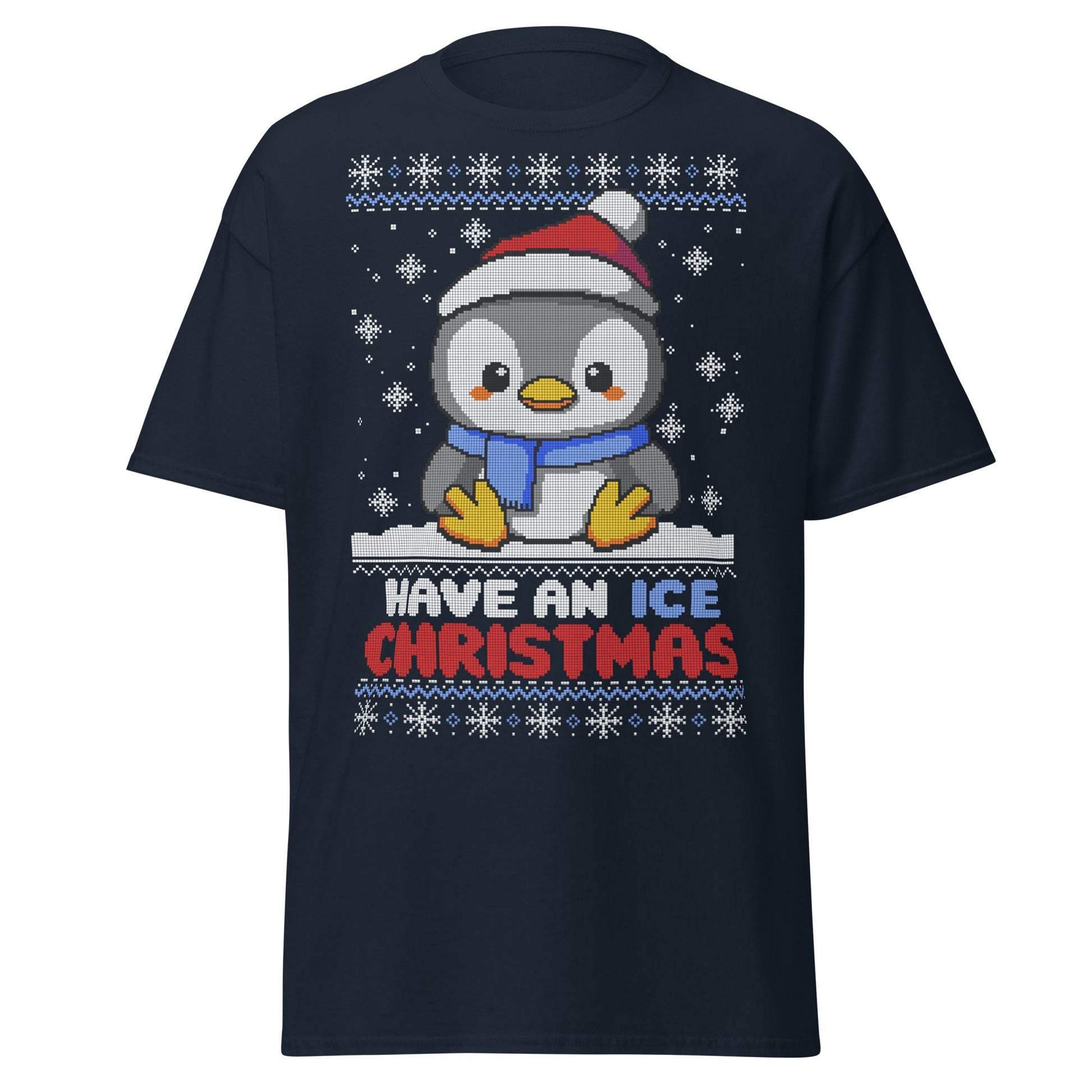 Christmas Penguin Ugly T-Shirt - Pixel Art Holiday Tee - Navy - T-Shirts Online