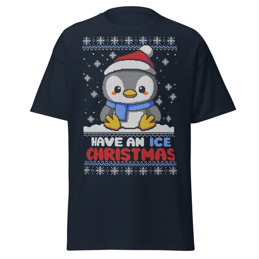 Christmas Penguin Ugly T-Shirt - Pixel Art Holiday Tee - Navy - T-Shirts Online