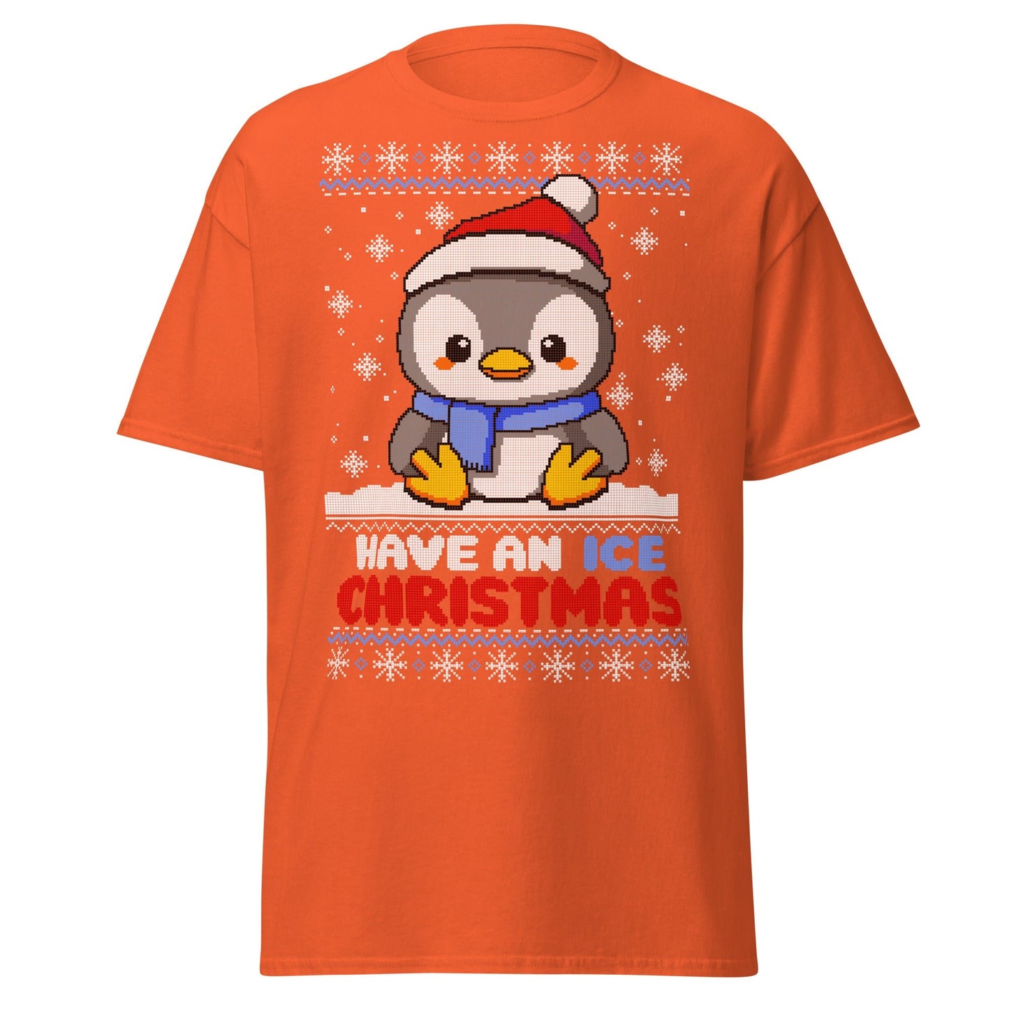 Christmas Penguin Ugly T-Shirt - Pixel Art Holiday Tee - Orange - T-Shirts Online