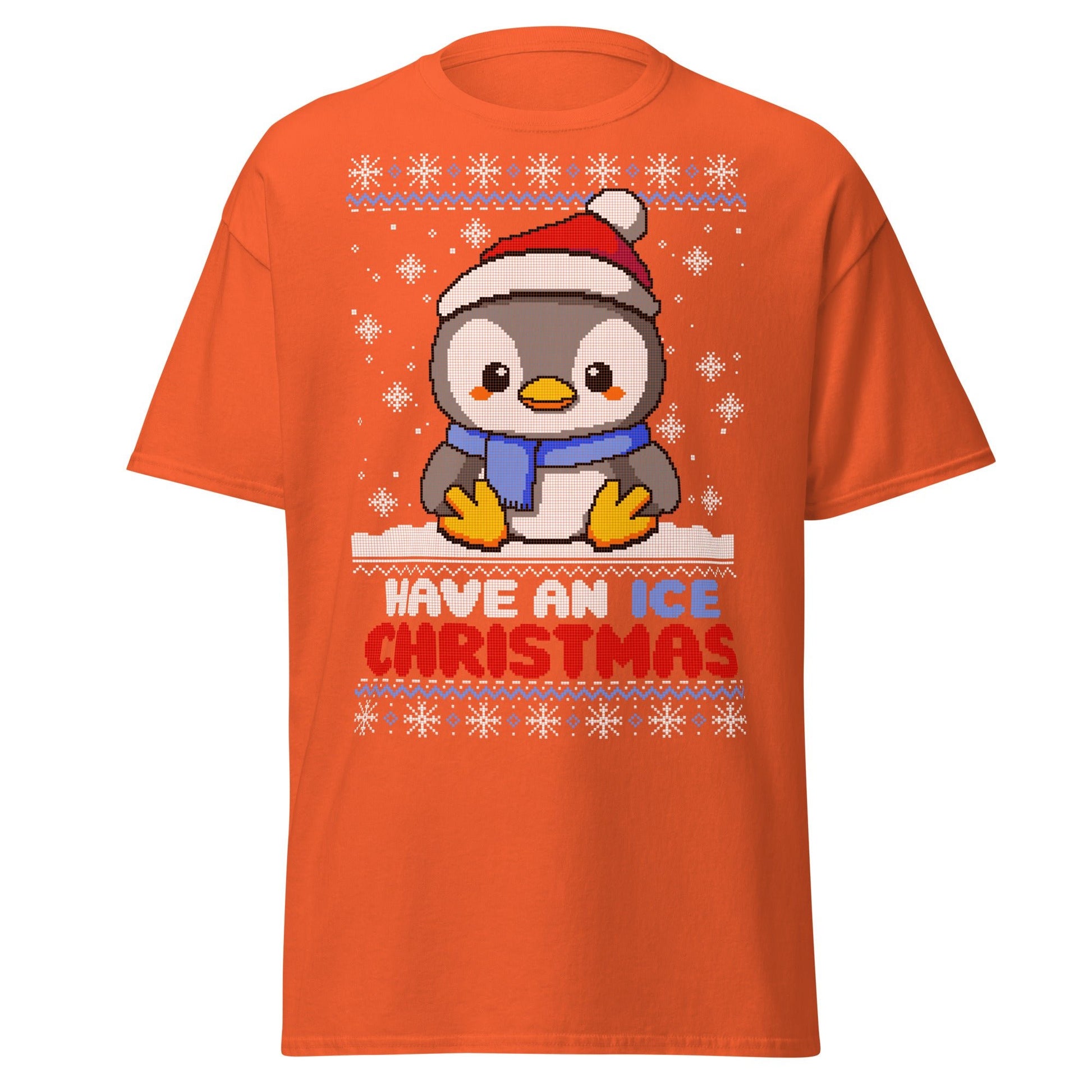 Christmas Penguin Ugly T-Shirt - Pixel Art Holiday Tee - Orange - T-Shirts Online