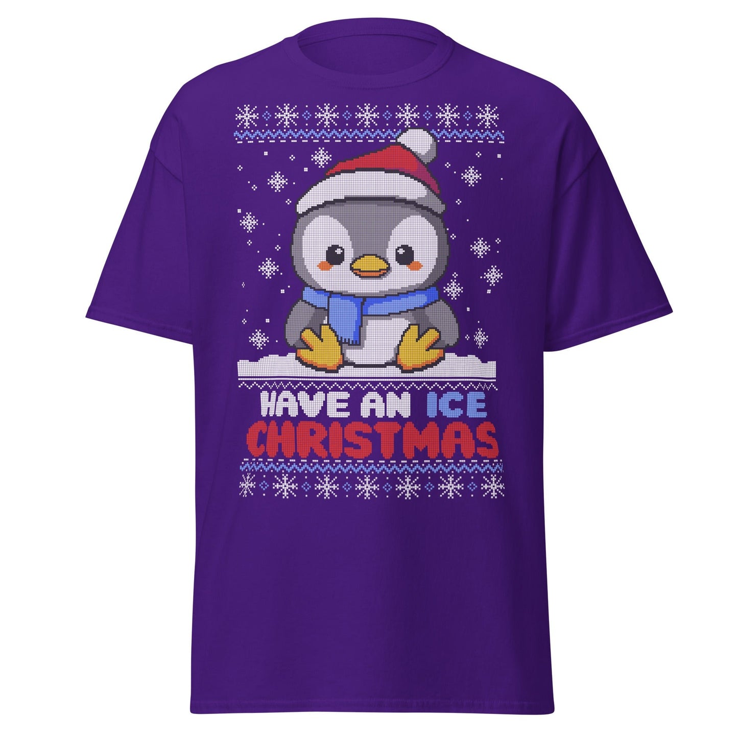 Christmas Penguin Ugly T-Shirt - Pixel Art Holiday Tee - Purple - T-Shirts Online