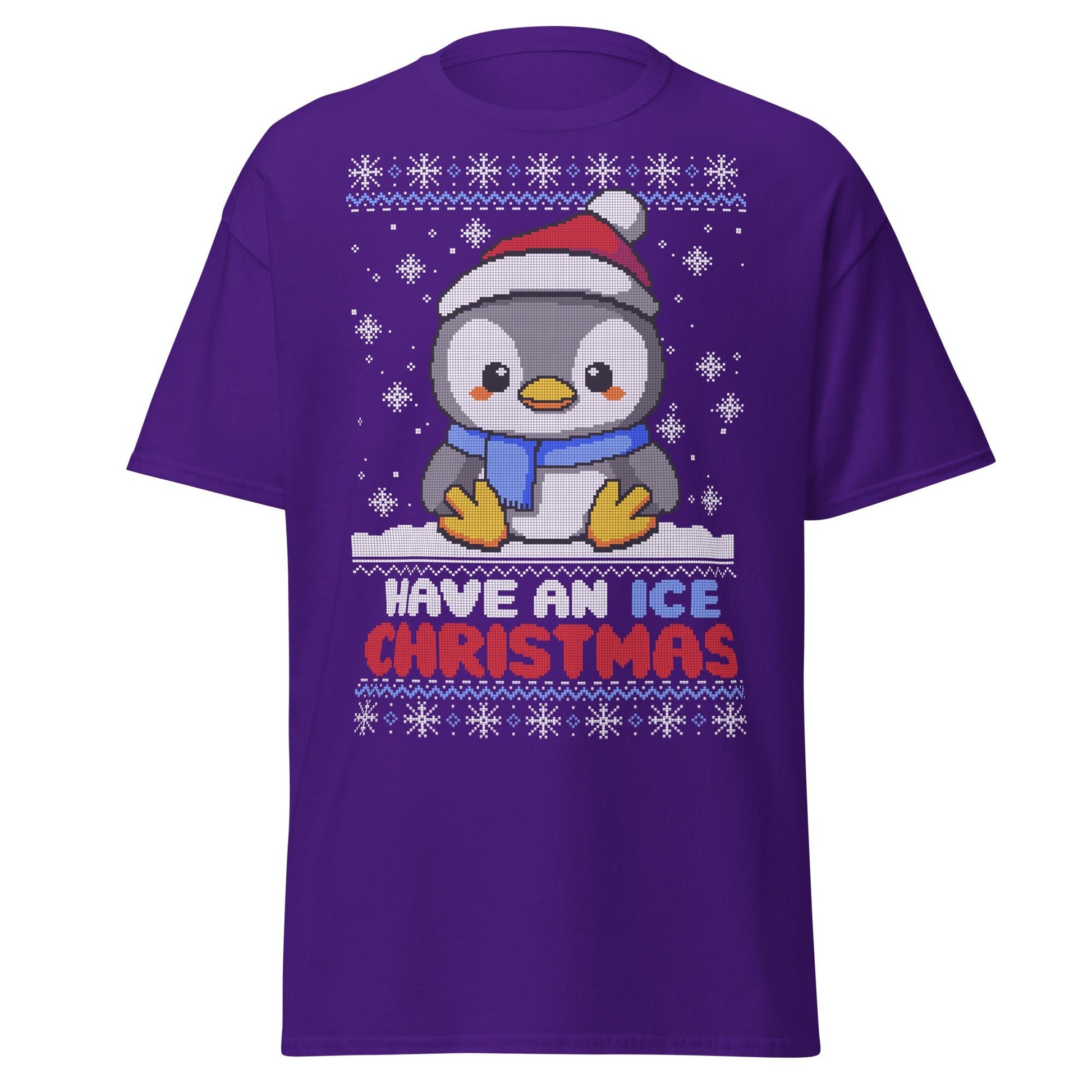 Christmas Penguin Ugly T-Shirt - Pixel Art Holiday Tee - Purple - T-Shirts Online