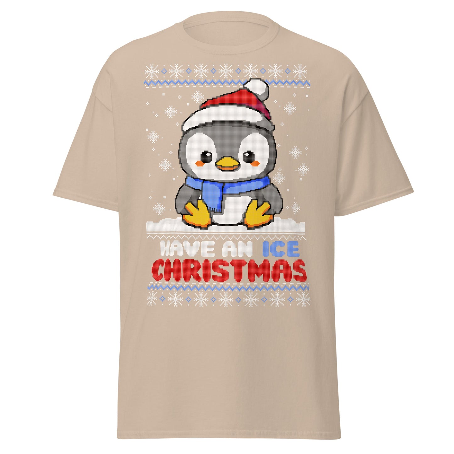 Christmas Penguin Ugly T-Shirt - Pixel Art Holiday Tee - Sand - T-Shirts Online