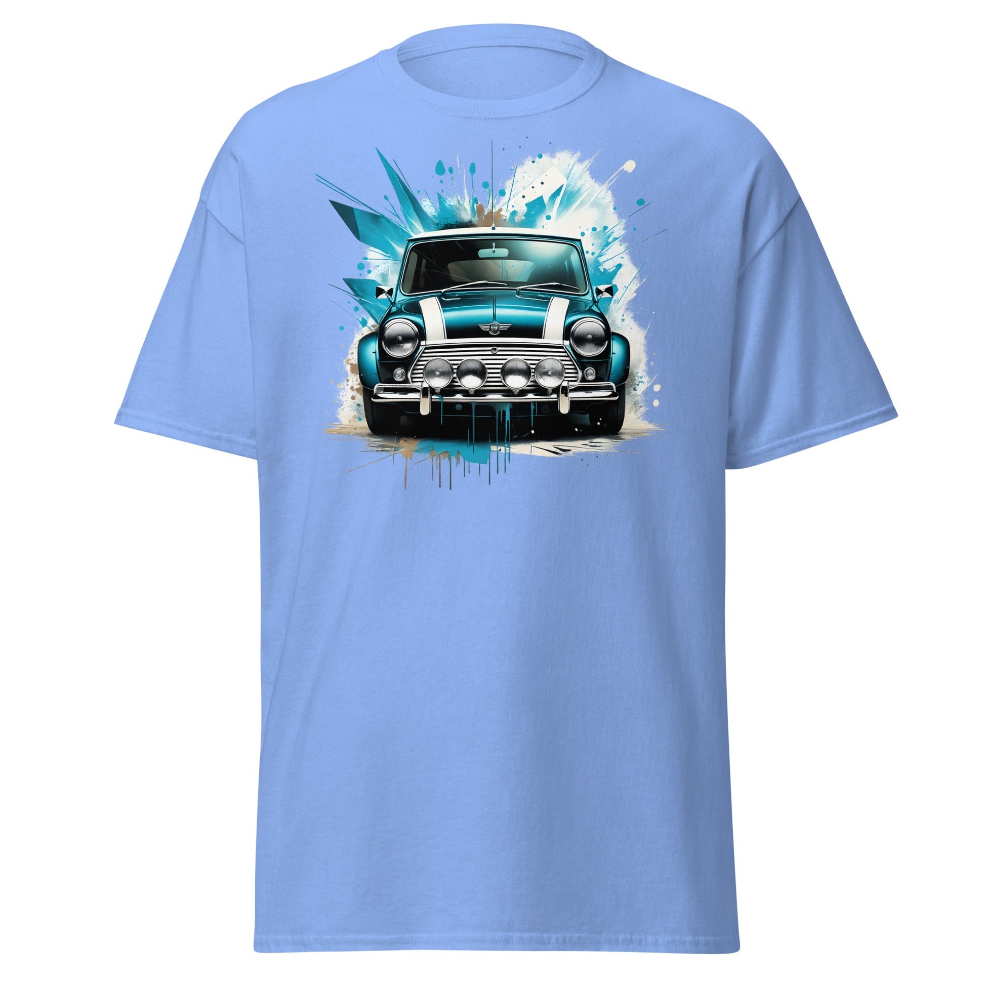 Classic Mini Cooper Splash Art T-Shirt - Teal Retro Car Tee - Carolina Blue - T-Shirts Online