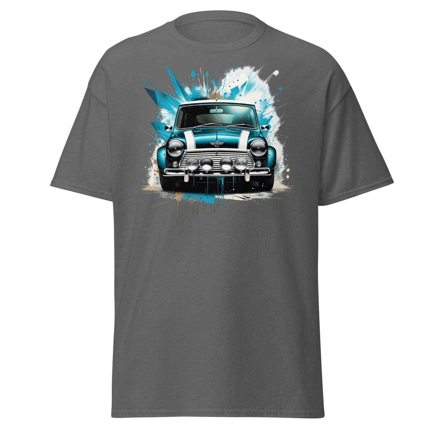 Classic Mini Cooper Splash Art T-Shirt - Teal Retro Car Tee - Charcoal - T-Shirts Online