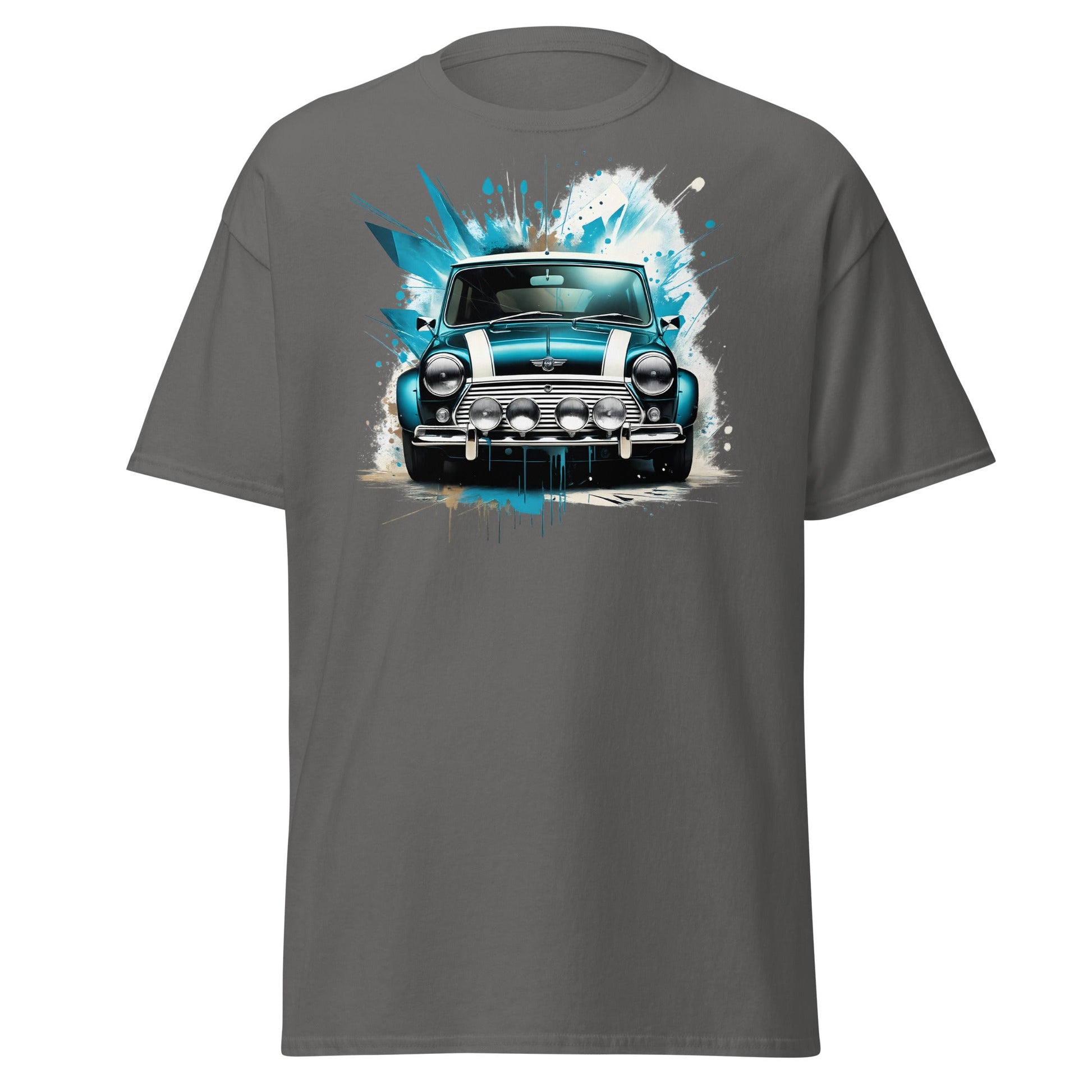 Classic Mini Cooper Splash Art T-Shirt - Teal Retro Car Tee - Charcoal - T-Shirts Online