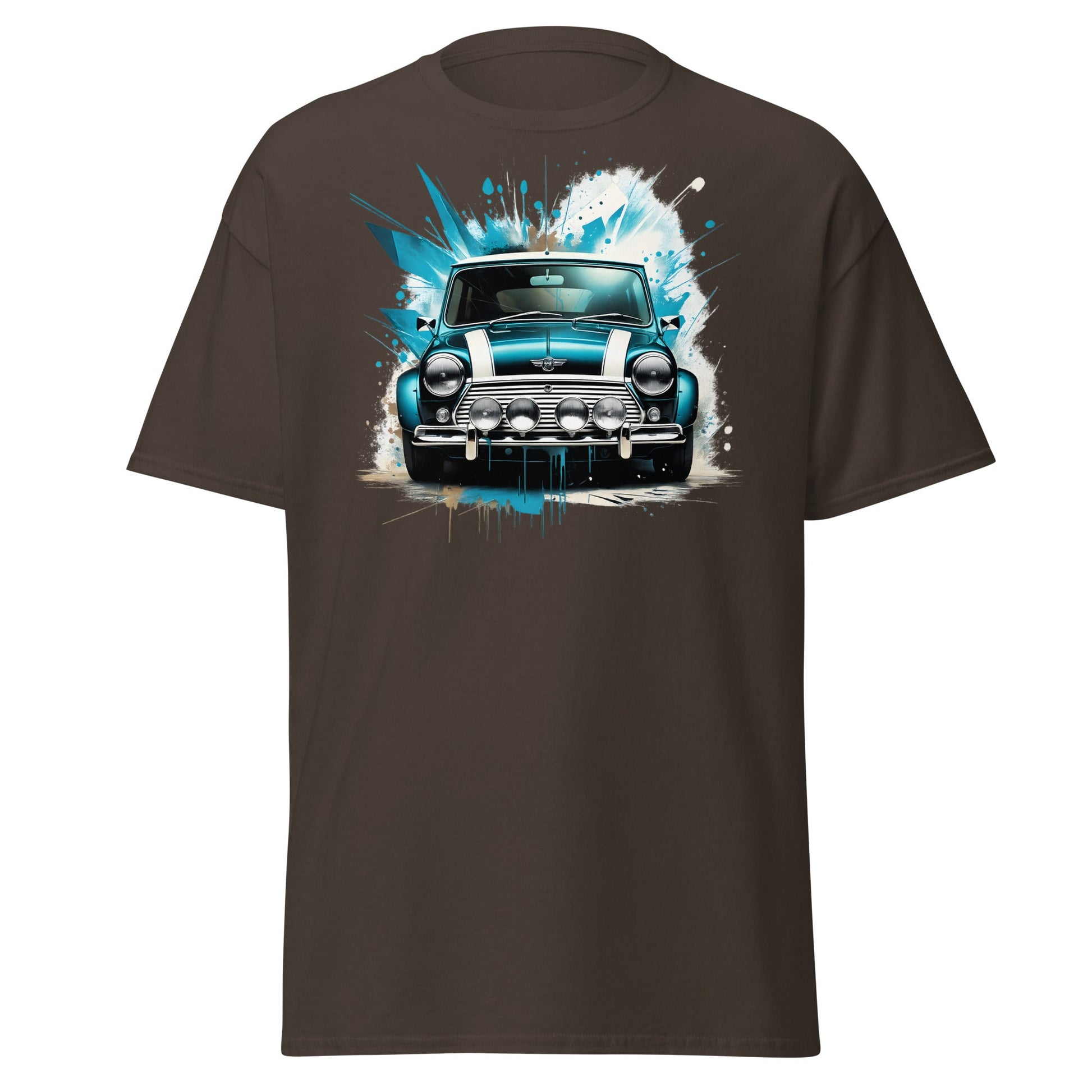 Classic Mini Cooper Splash Art T-Shirt - Teal Retro Car Tee - Dark Chocolate - T-Shirts Online
