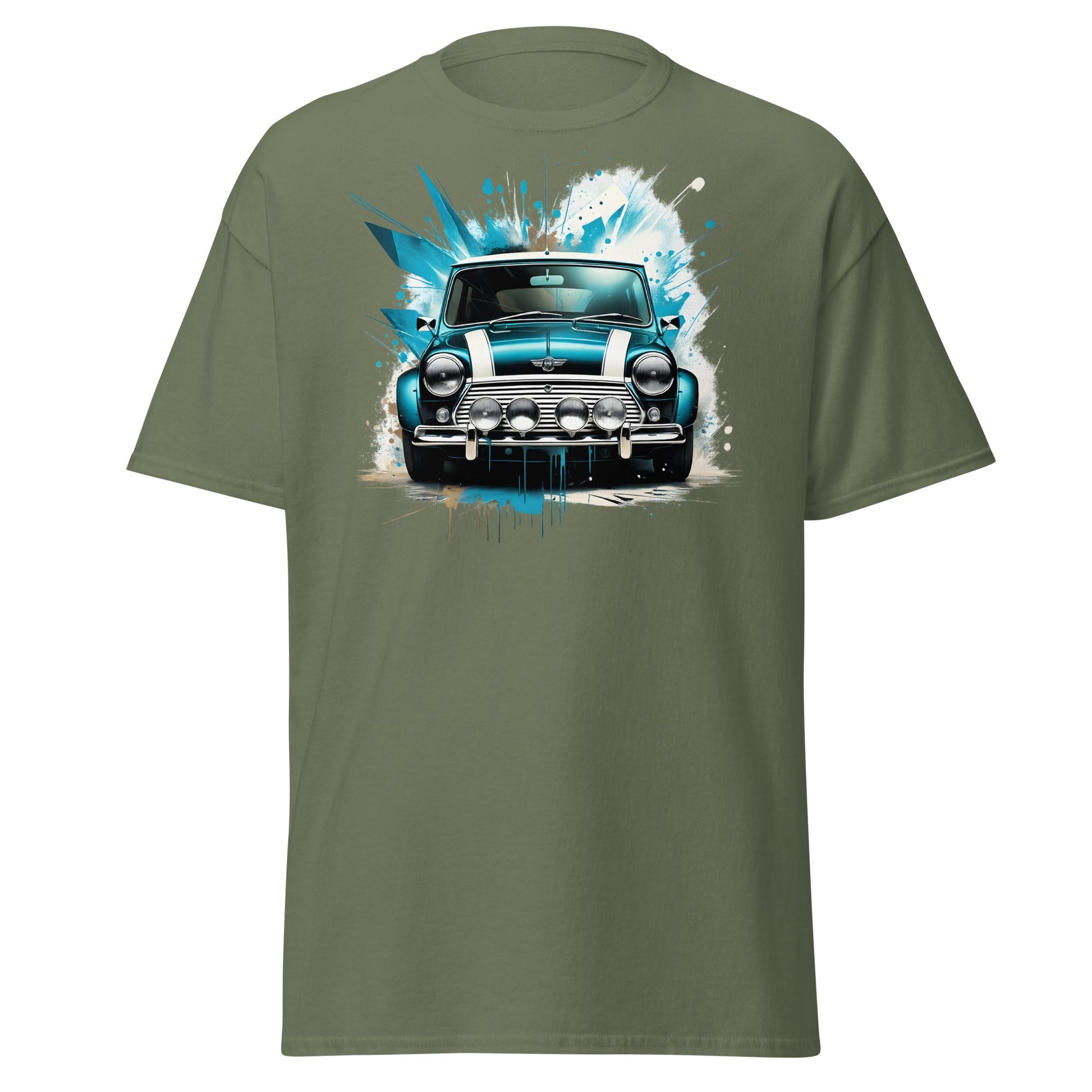 Classic Mini Cooper Splash Art T-Shirt - Teal Retro Car Tee - Military Green - T-Shirts Online