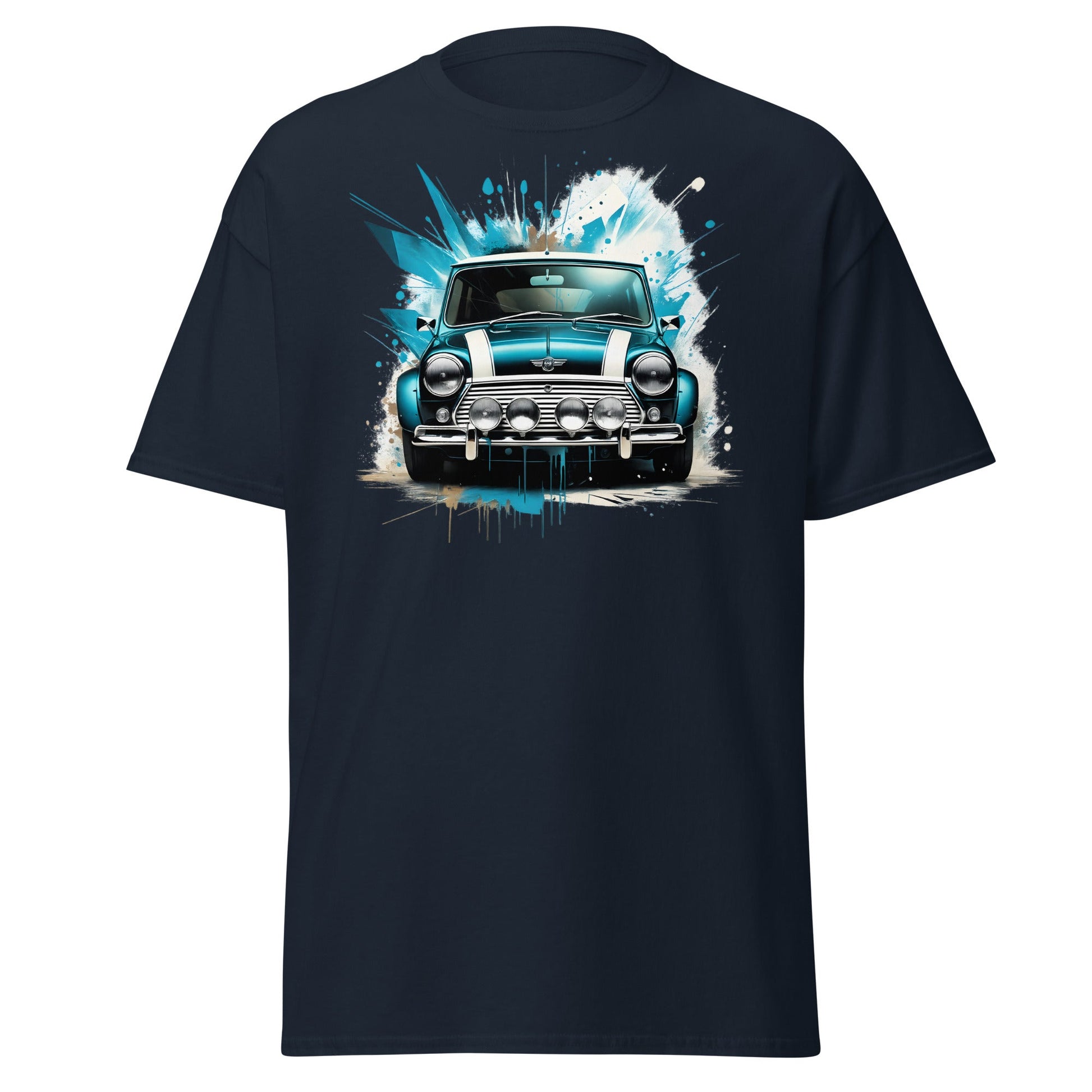 Classic Mini Cooper Splash Art T-Shirt - Teal Retro Car Tee - Navy - T-Shirts Online