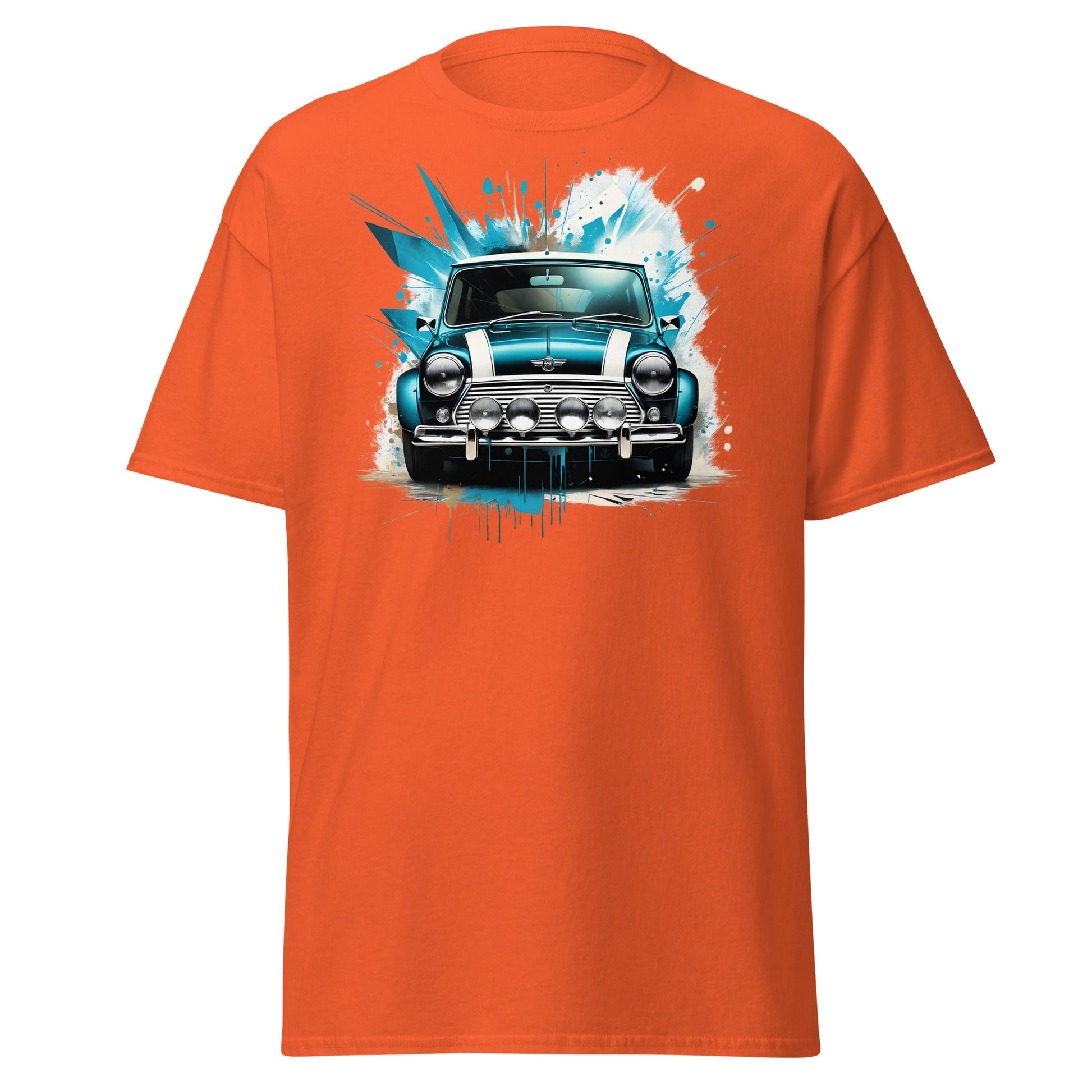 Classic Mini Cooper Splash Art T-Shirt - Teal Retro Car Tee - Orange - T-Shirts Online
