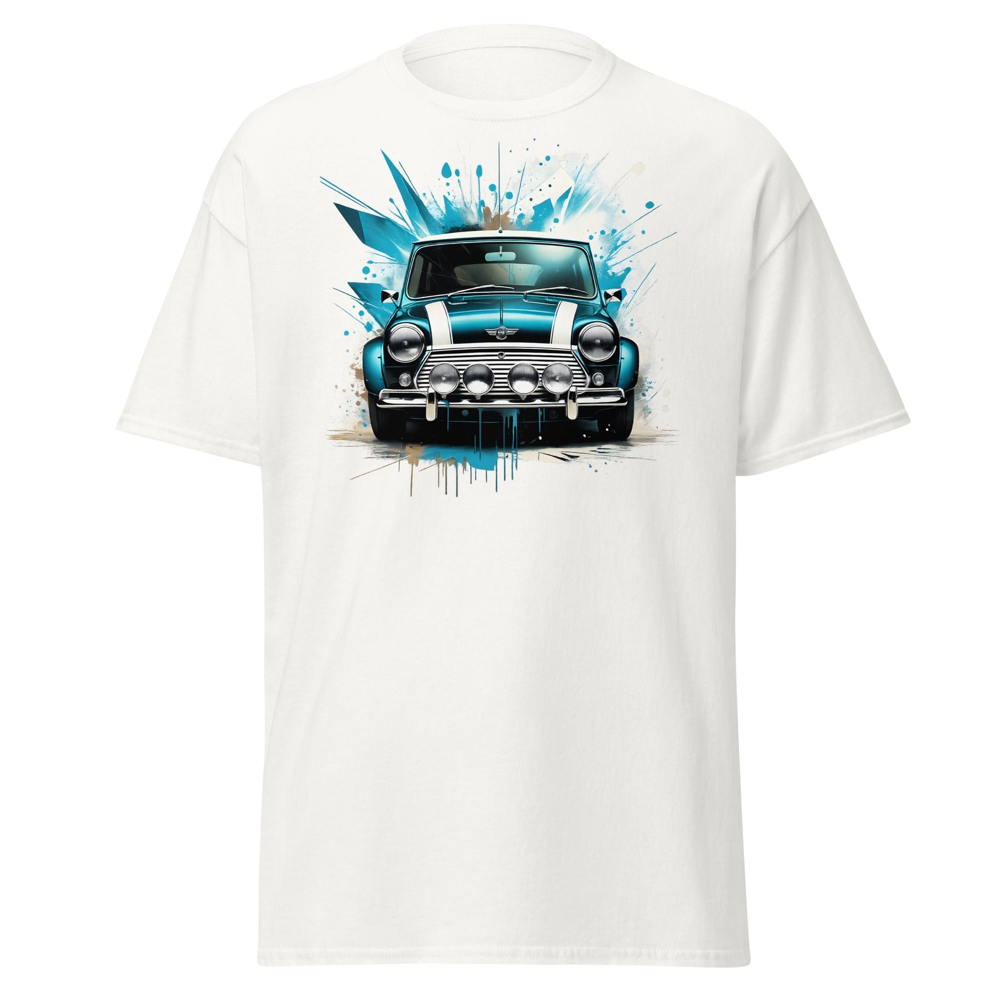 Classic Mini Cooper Splash Art T-Shirt - Teal Retro Car Tee - White - T-Shirts Online