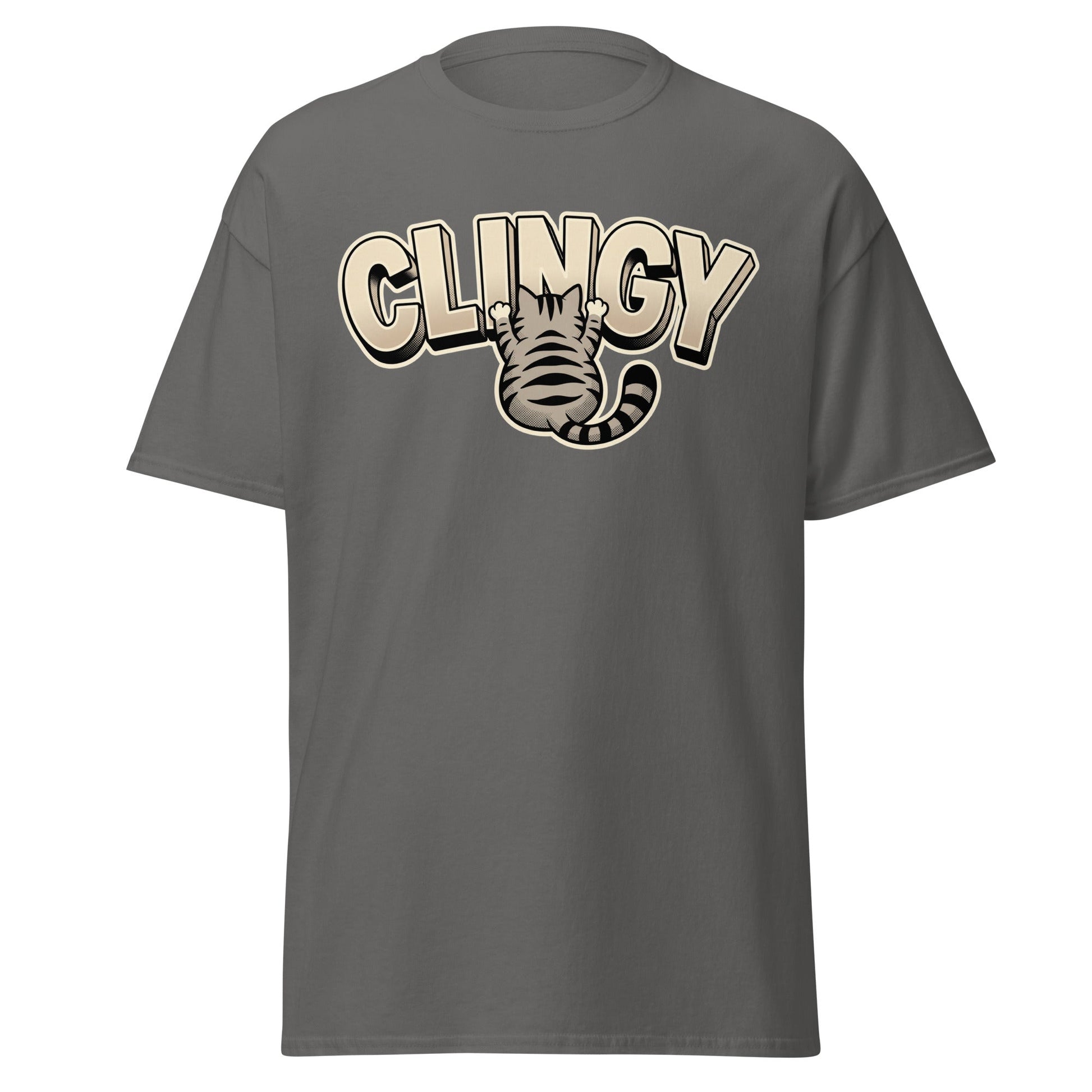 Clingy Cat T-Shirt - Funny Clingy Cat Graphic Tee - Charcoal - T-Shirts Online