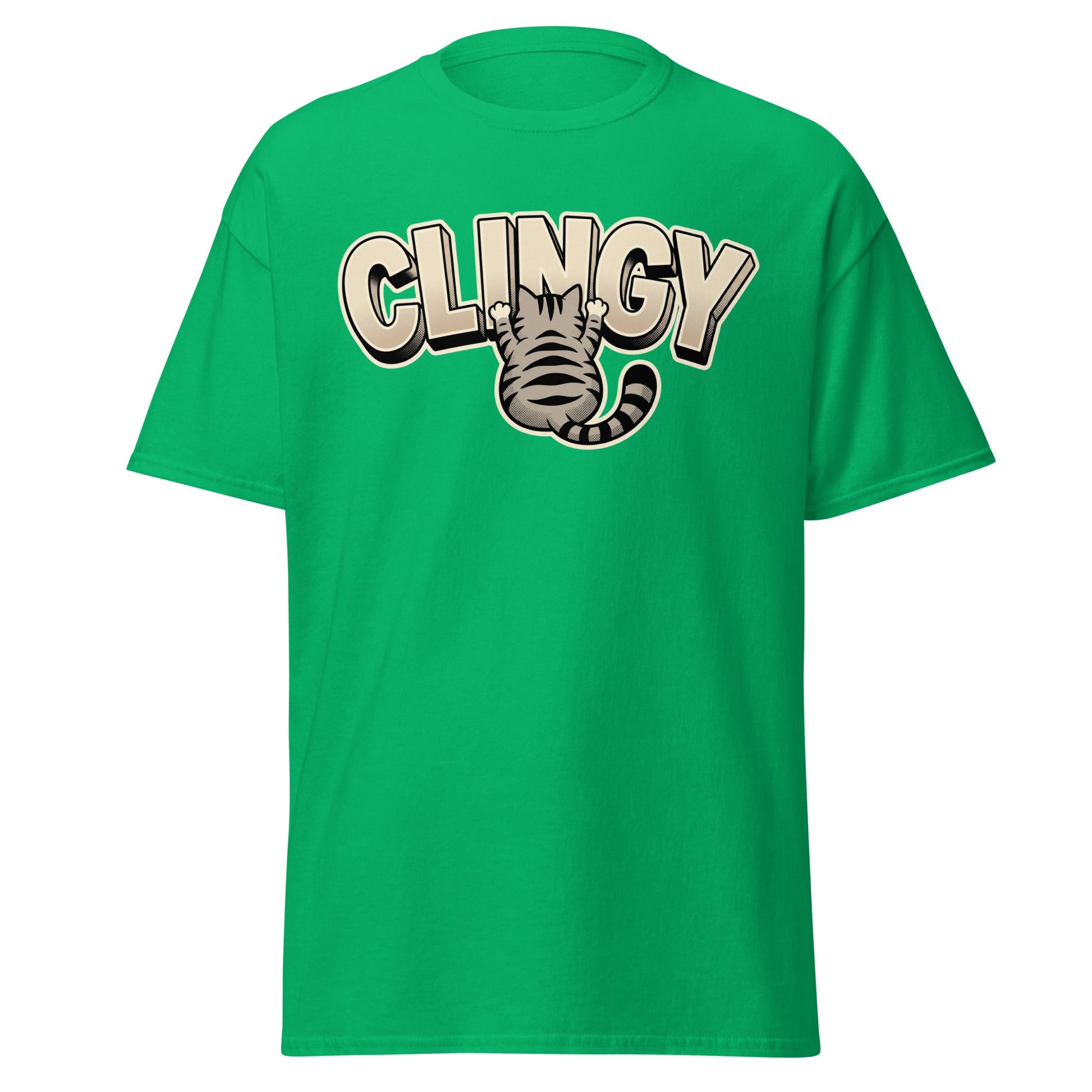 Clingy Cat T-Shirt - Funny Clingy Cat Graphic Tee - Irish Green - T-Shirts Online