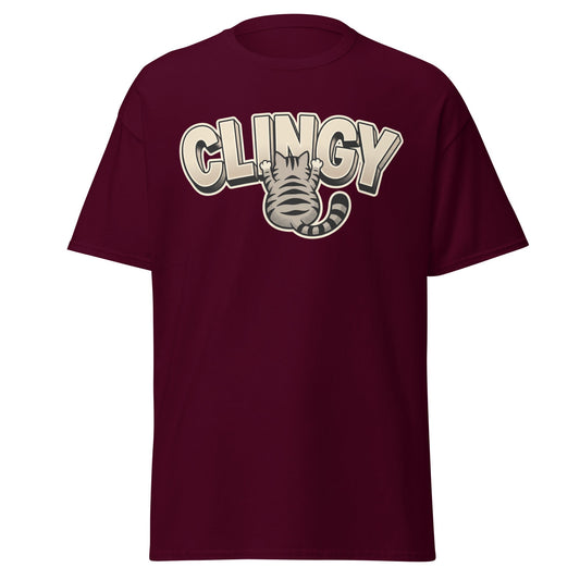 Clingy Cat T-Shirt - Funny Clingy Cat Graphic Tee - Maroon - T-Shirts Online