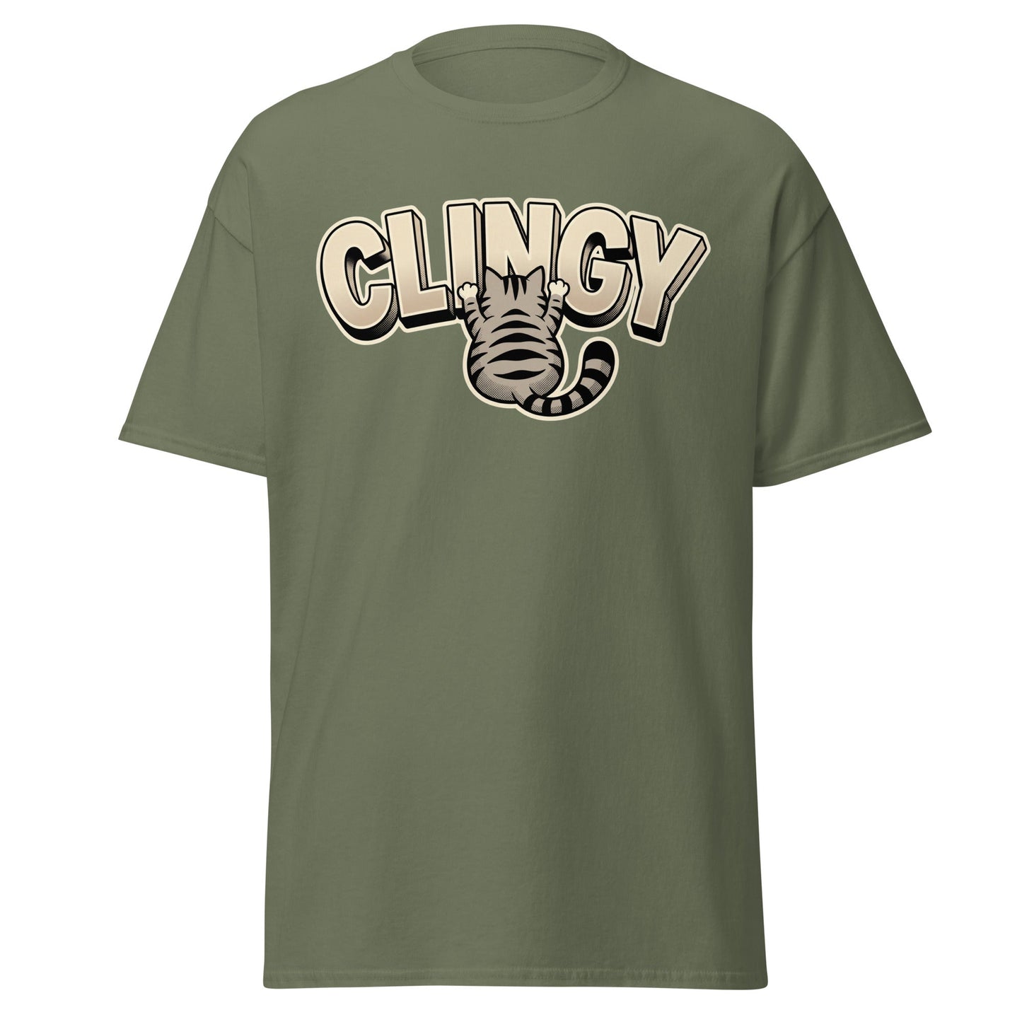 Clingy Cat T-Shirt - Funny Clingy Cat Graphic Tee - Military Green - T-Shirts Online