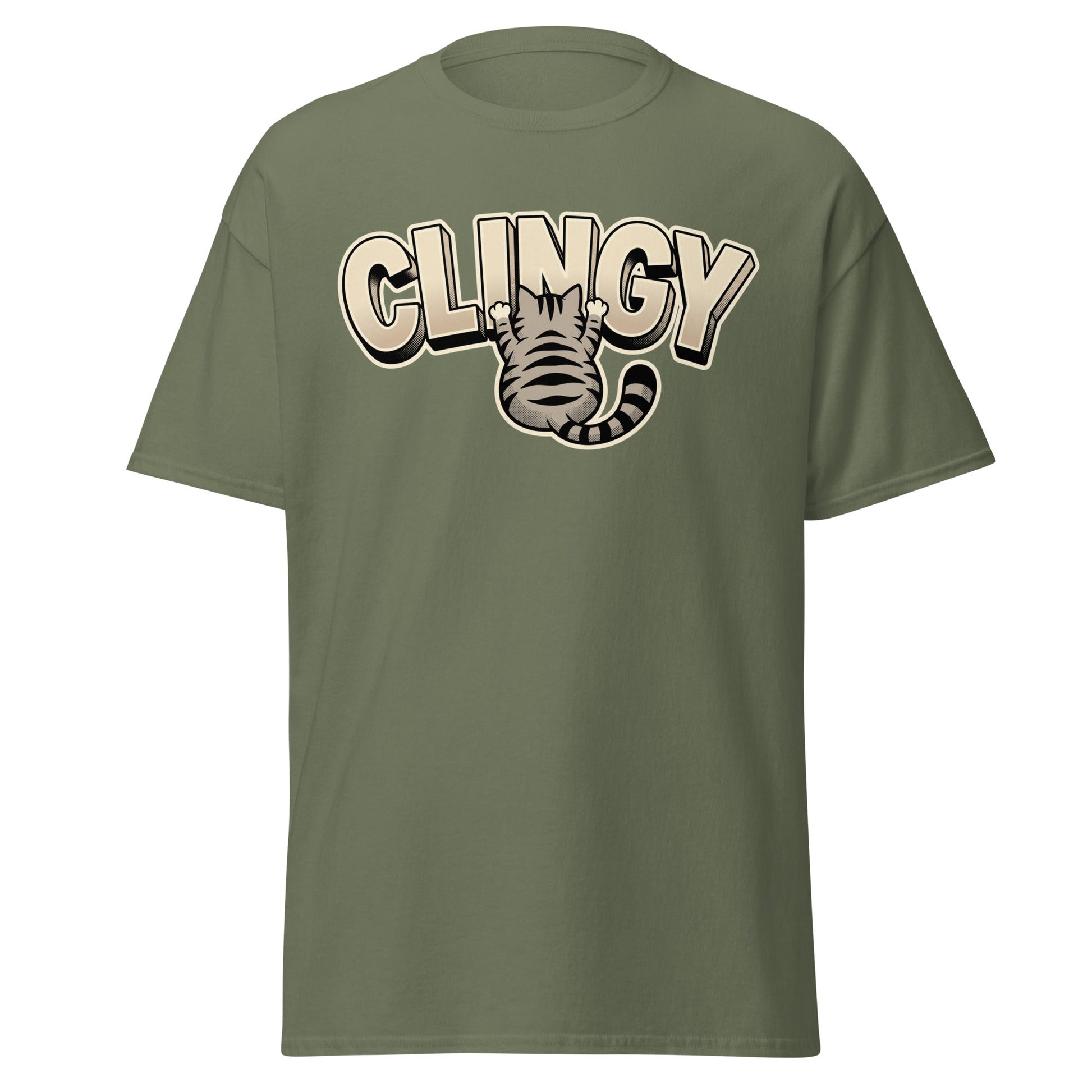 Clingy Cat T-Shirt - Funny Clingy Cat Graphic Tee - Military Green - T-Shirts Online