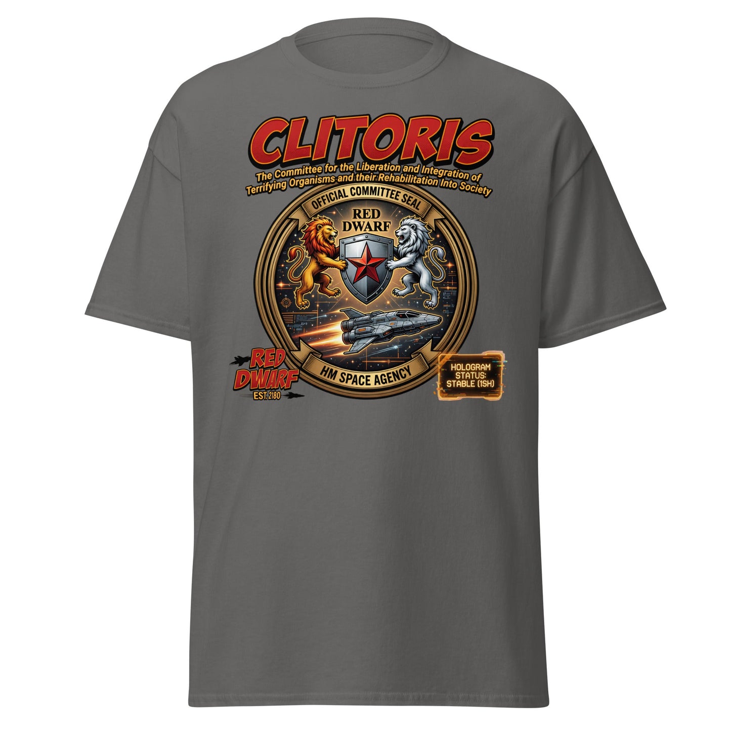 CLITORIS Red Dwarf T-Shirt – Funny Sci-Fi Parody Adult Tee - Charcoal - T-Shirts Online