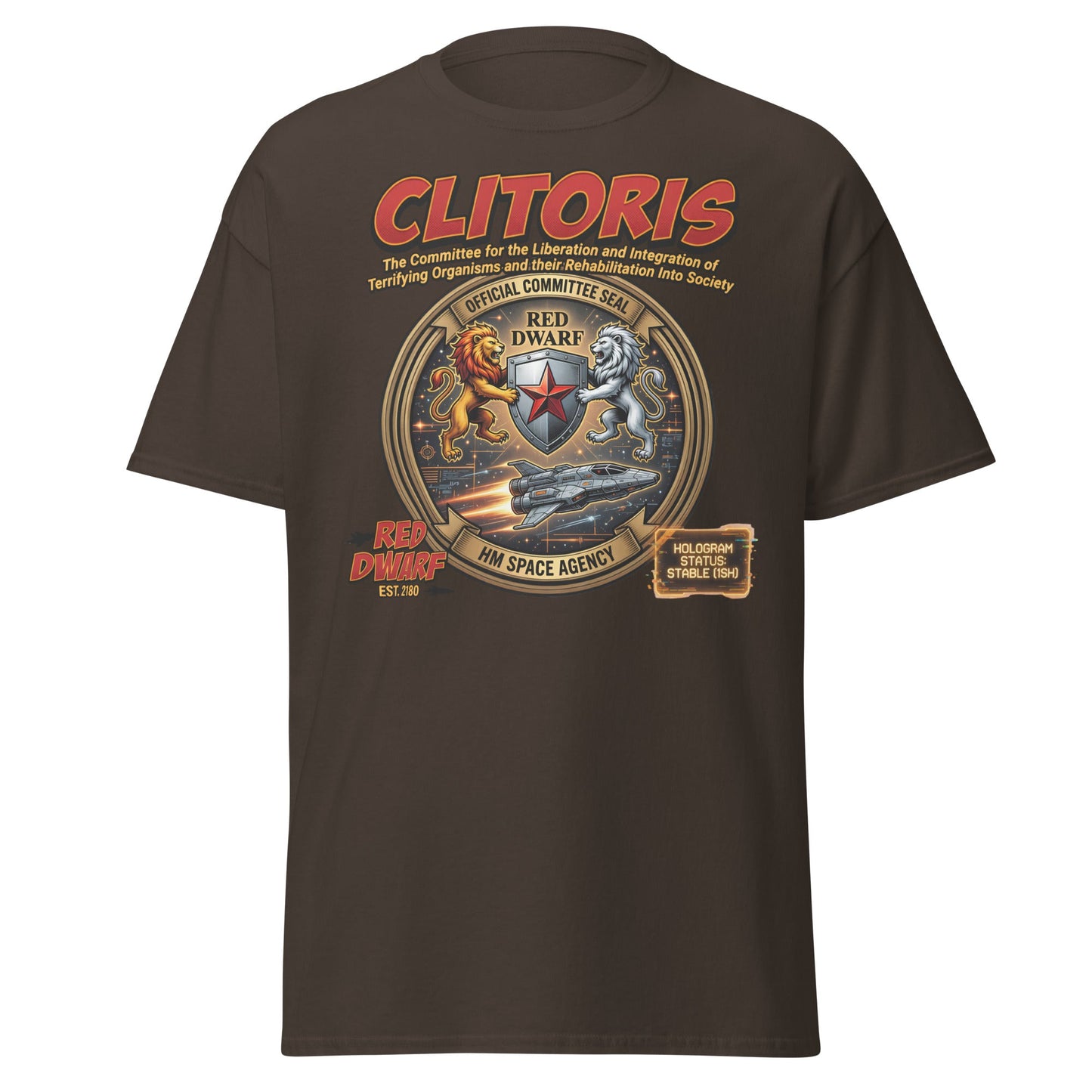 CLITORIS Red Dwarf T-Shirt – Funny Sci-Fi Parody Adult Tee - Dark Chocolate - T-Shirts Online