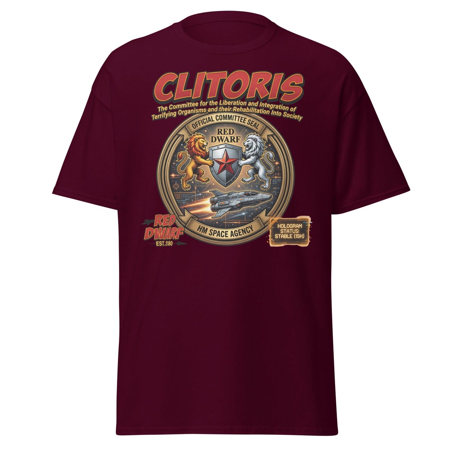 CLITORIS Red Dwarf T-Shirt – Funny Sci-Fi Parody Adult Tee - Maroon - T-Shirts Online