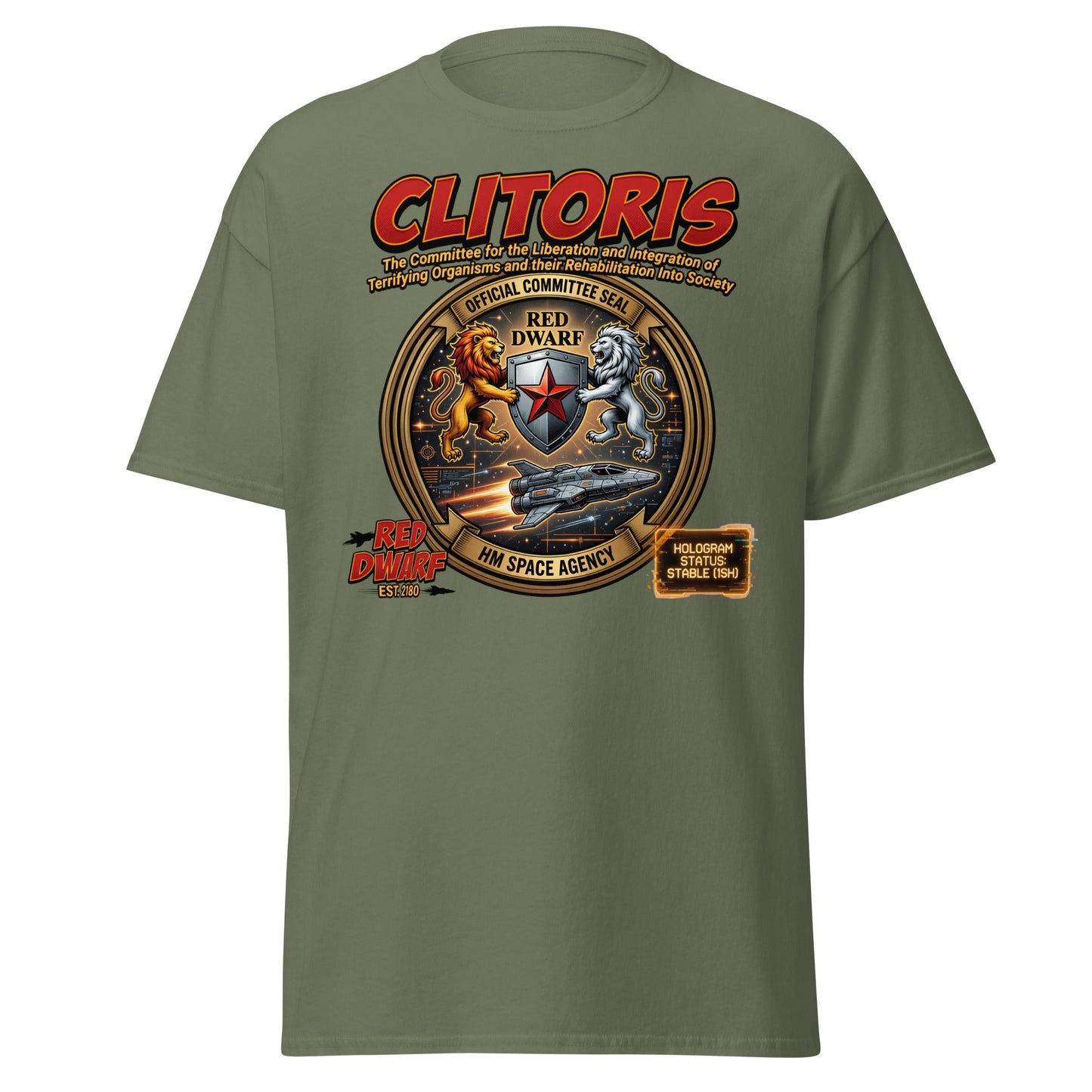 CLITORIS Red Dwarf T-Shirt – Funny Sci-Fi Parody Adult Tee - Military Green - T-Shirts Online