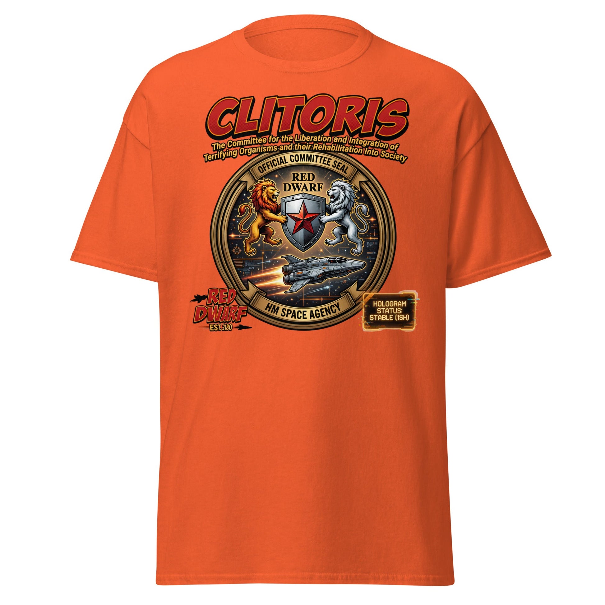 CLITORIS Red Dwarf T-Shirt – Funny Sci-Fi Parody Adult Tee - Orange - T-Shirts Online
