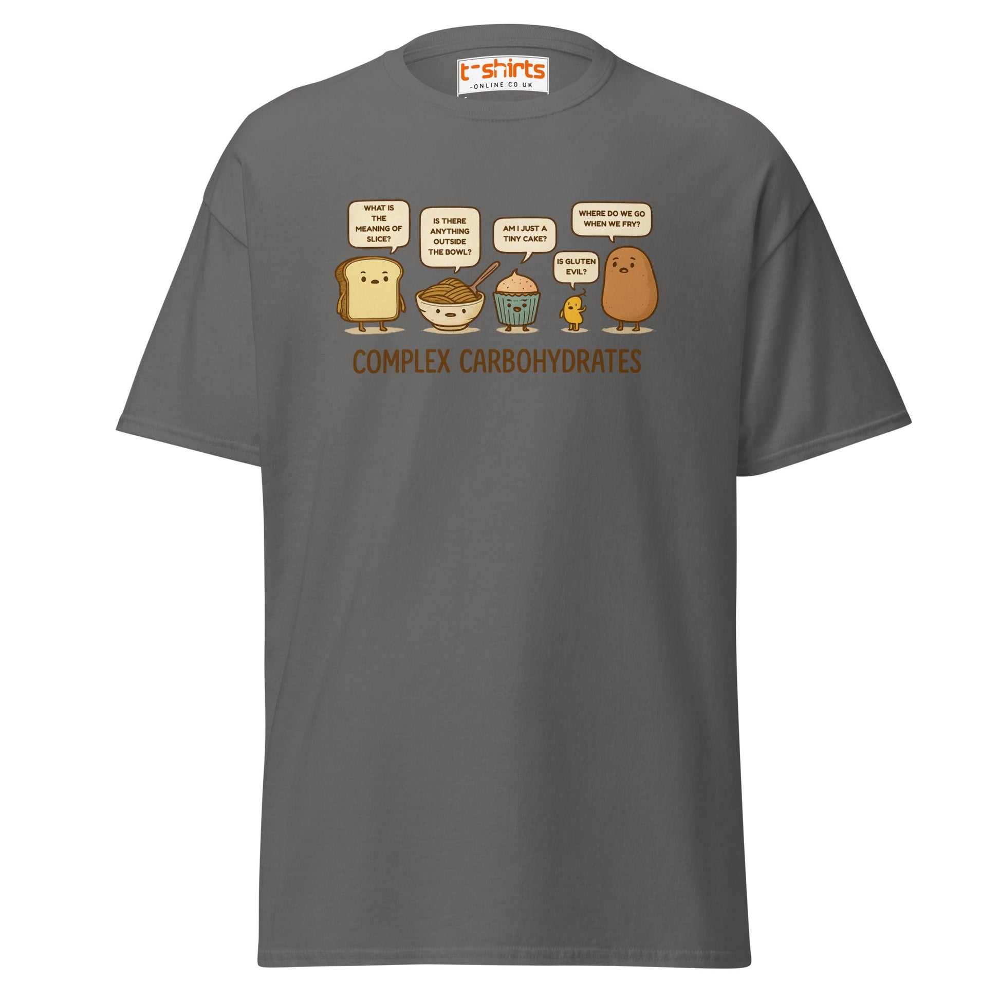 Complex Carbohydrates Funny Food Pun T-Shirt - Charcoal - T-Shirts Online