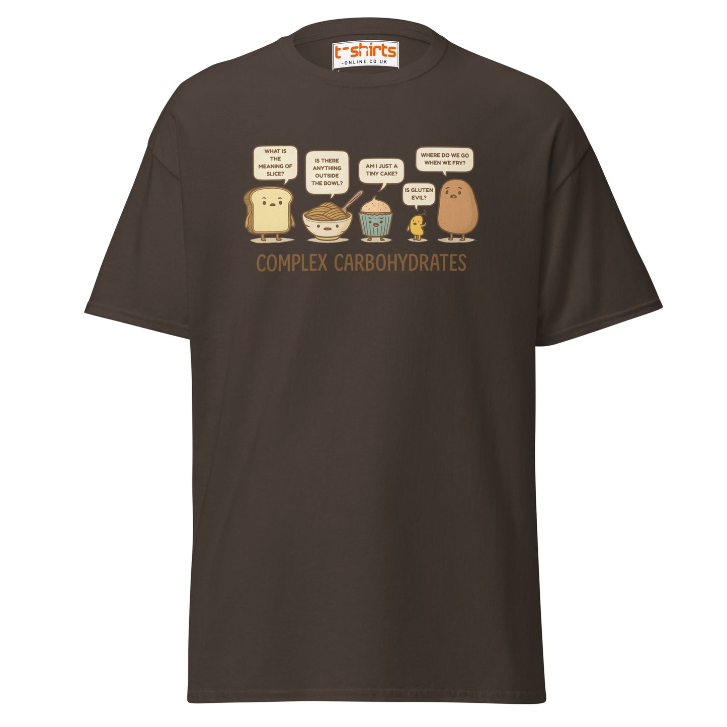 Complex Carbohydrates Funny Food Pun T-Shirt - Dark Chocolate - T-Shirts Online