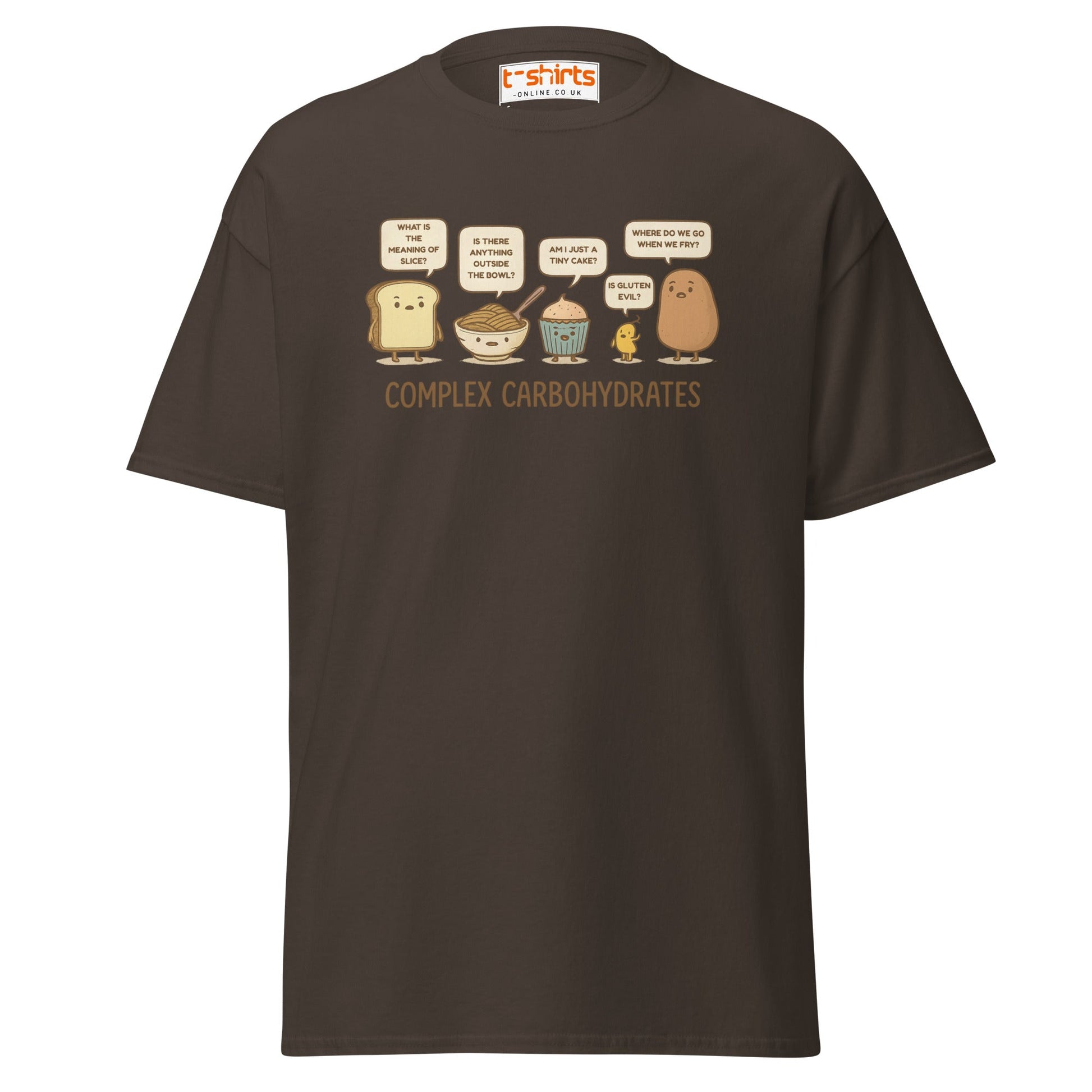 Complex Carbohydrates Funny Food Pun T-Shirt - Dark Chocolate - T-Shirts Online