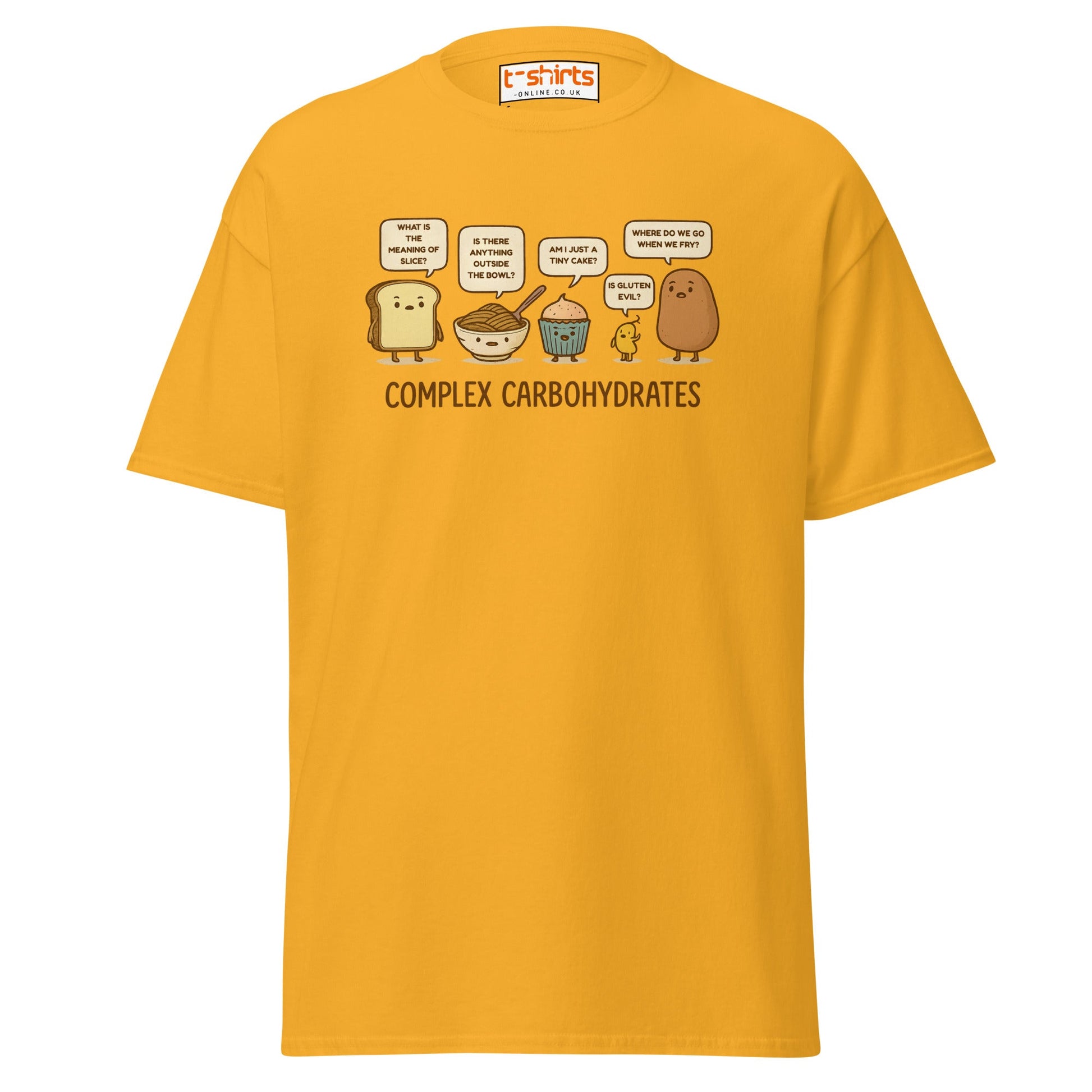 Complex Carbohydrates Funny Food Pun T-Shirt - Gold - T-Shirts Online