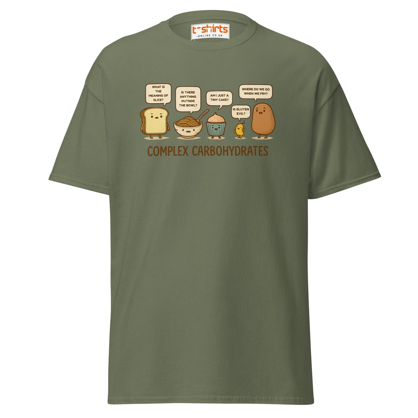 Complex Carbohydrates Funny Food Pun T-Shirt - Military Green - T-Shirts Online