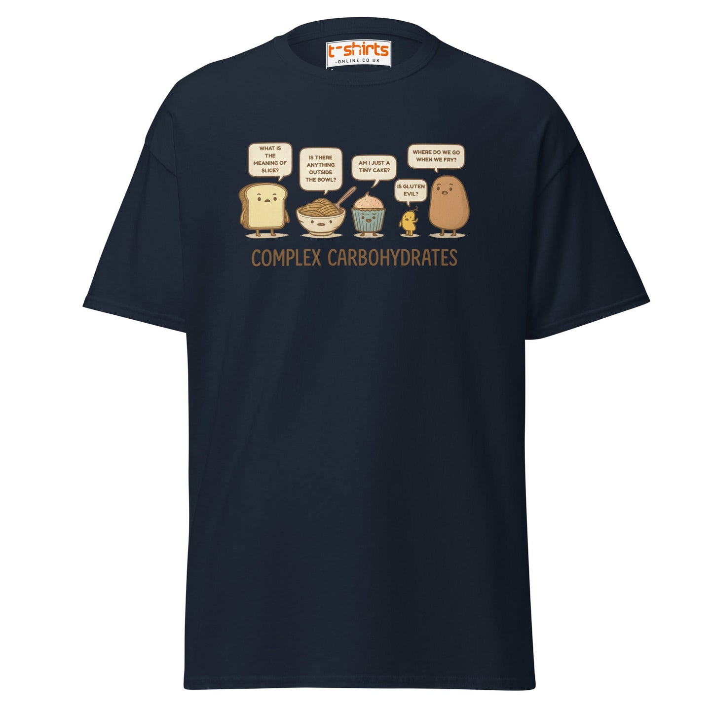 Complex Carbohydrates Funny Food Pun T-Shirt - Navy - T-Shirts Online