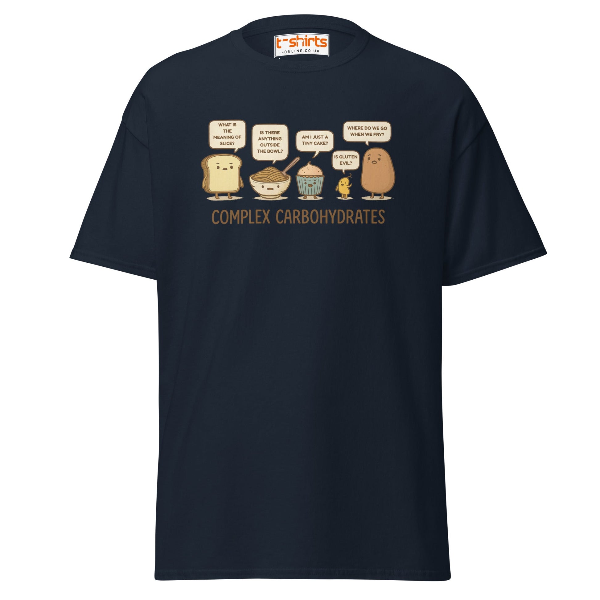 Complex Carbohydrates Funny Food Pun T-Shirt - Navy - T-Shirts Online