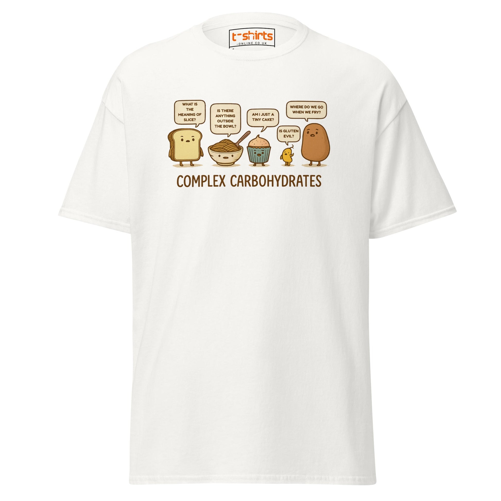 Complex Carbohydrates Funny Food Pun T-Shirt - White - T-Shirts Online
