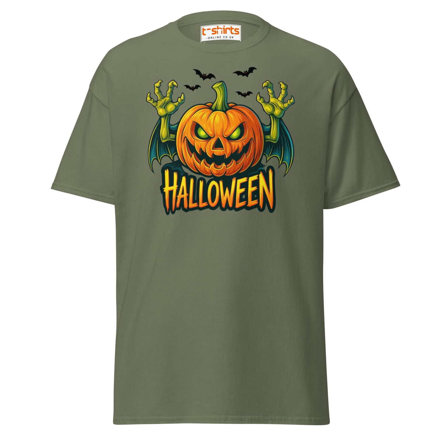 Creepy Pumpkin Halloween T-Shirt – Scary Jack - O’ - Lantern Tee - Military Green - T-Shirts Online