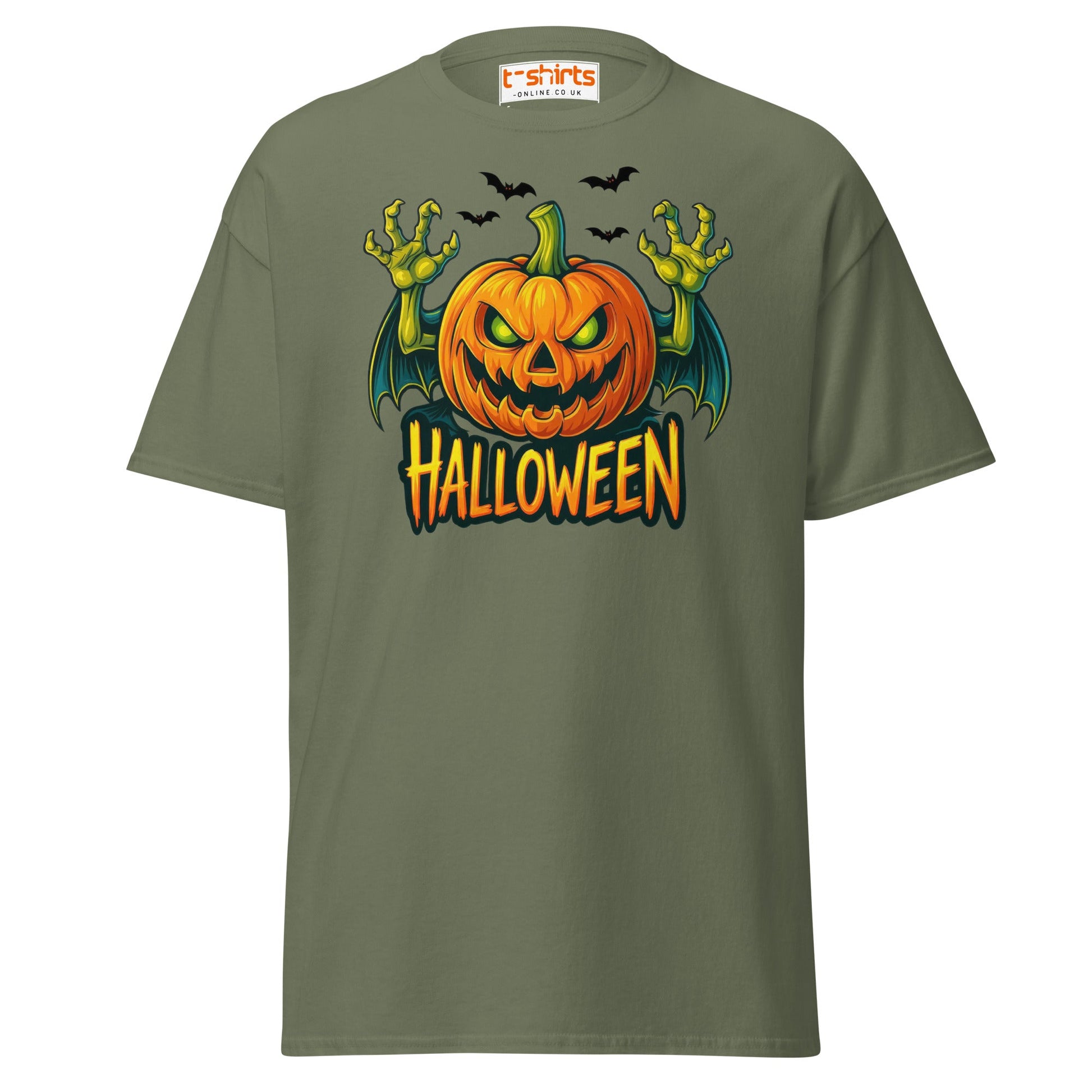 Creepy Pumpkin Halloween T-Shirt – Scary Jack - O’ - Lantern Tee - Military Green - T-Shirts Online