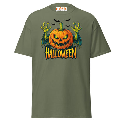 Creepy Pumpkin Halloween T-Shirt – Scary Jack - O’ - Lantern Tee - Military Green - T-Shirts Online