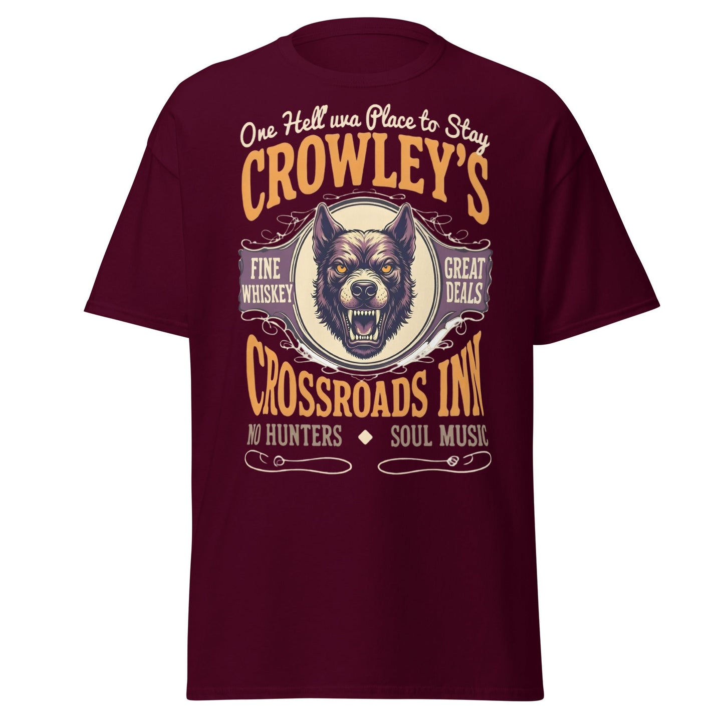 Crowley's Crossroads Inn T-Shirt | Supernatural Fan Apparel - Maroon - T-Shirts Online