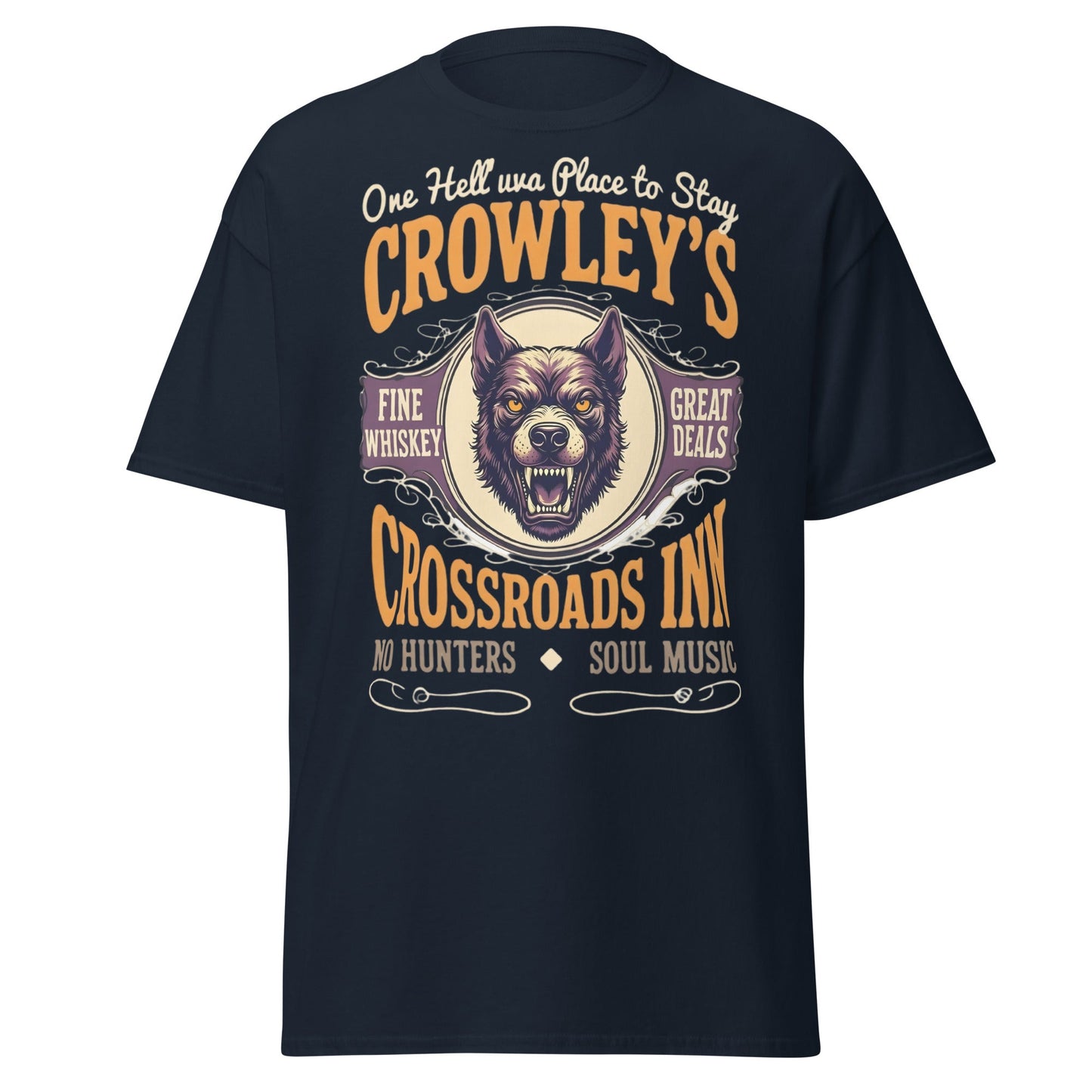 Crowley's Crossroads Inn T-Shirt | Supernatural Fan Apparel - Navy - T-Shirts Online