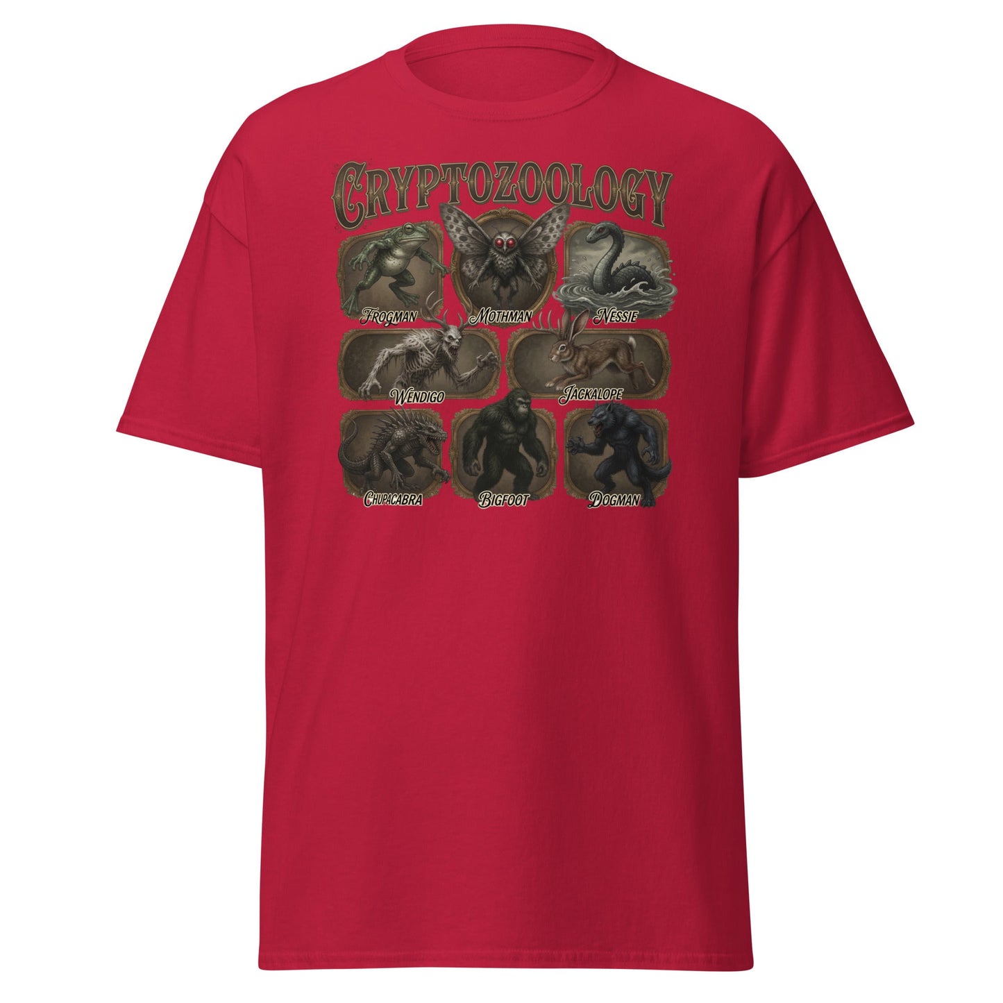 Cryptozoology T-Shirt - Bigfoot Mothman Nessie Tee - Cardinal - T-Shirts Online