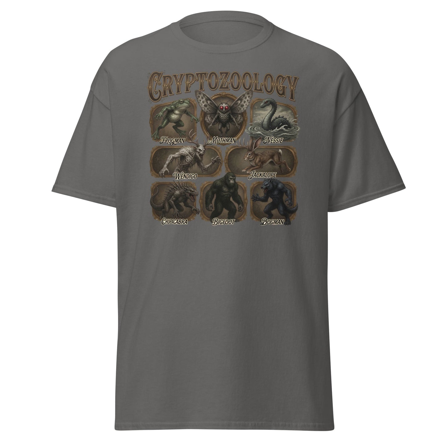 Cryptozoology T-Shirt - Bigfoot Mothman Nessie Tee - Charcoal - T-Shirts Online