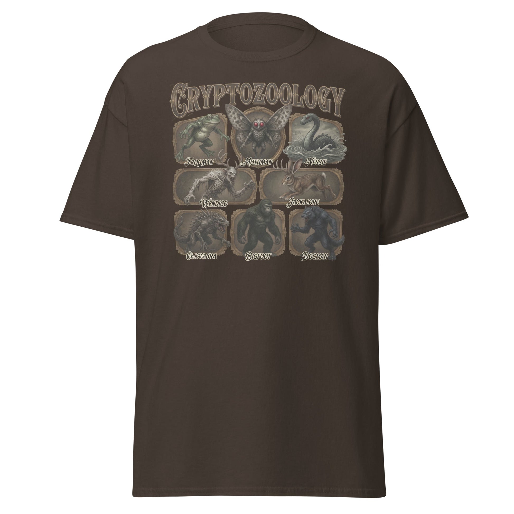 Cryptozoology T-Shirt - Bigfoot Mothman Nessie Tee - Dark Chocolate - T-Shirts Online